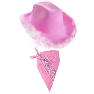 Lilac Pink Cowboy Hat with Marabou Trim + Pink Paisley Bandana