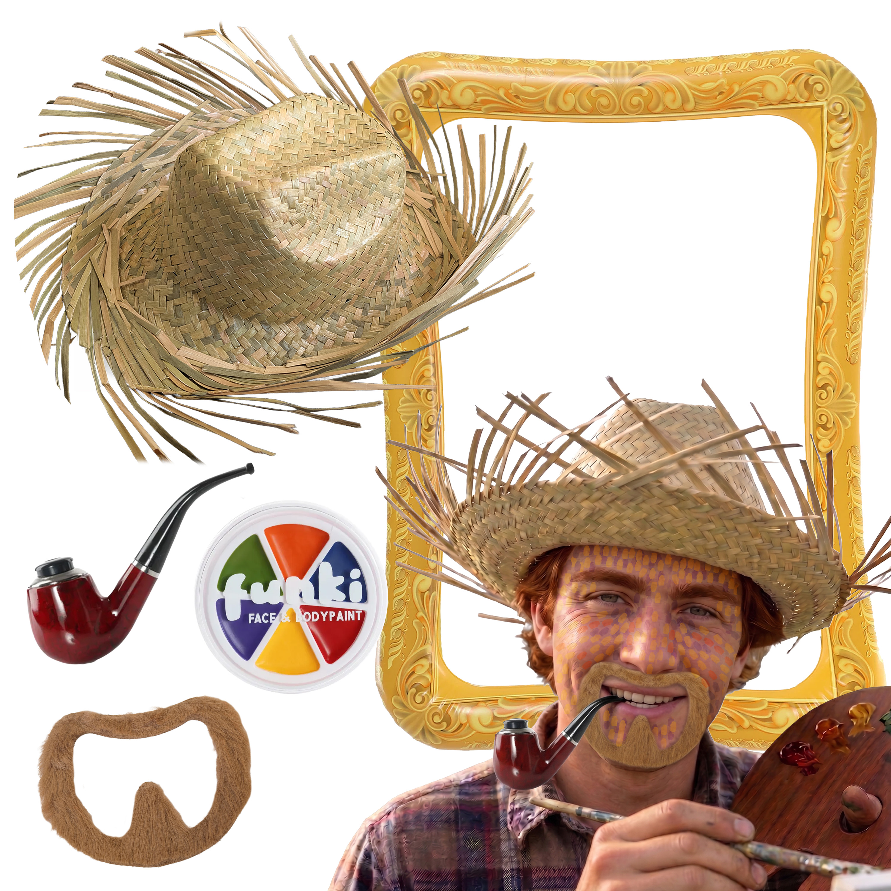 Adults Sunflower Painter Accessory Set | 5 Pcs | Hat, Inflatable Frame, Pipe, Beard & Face Paint