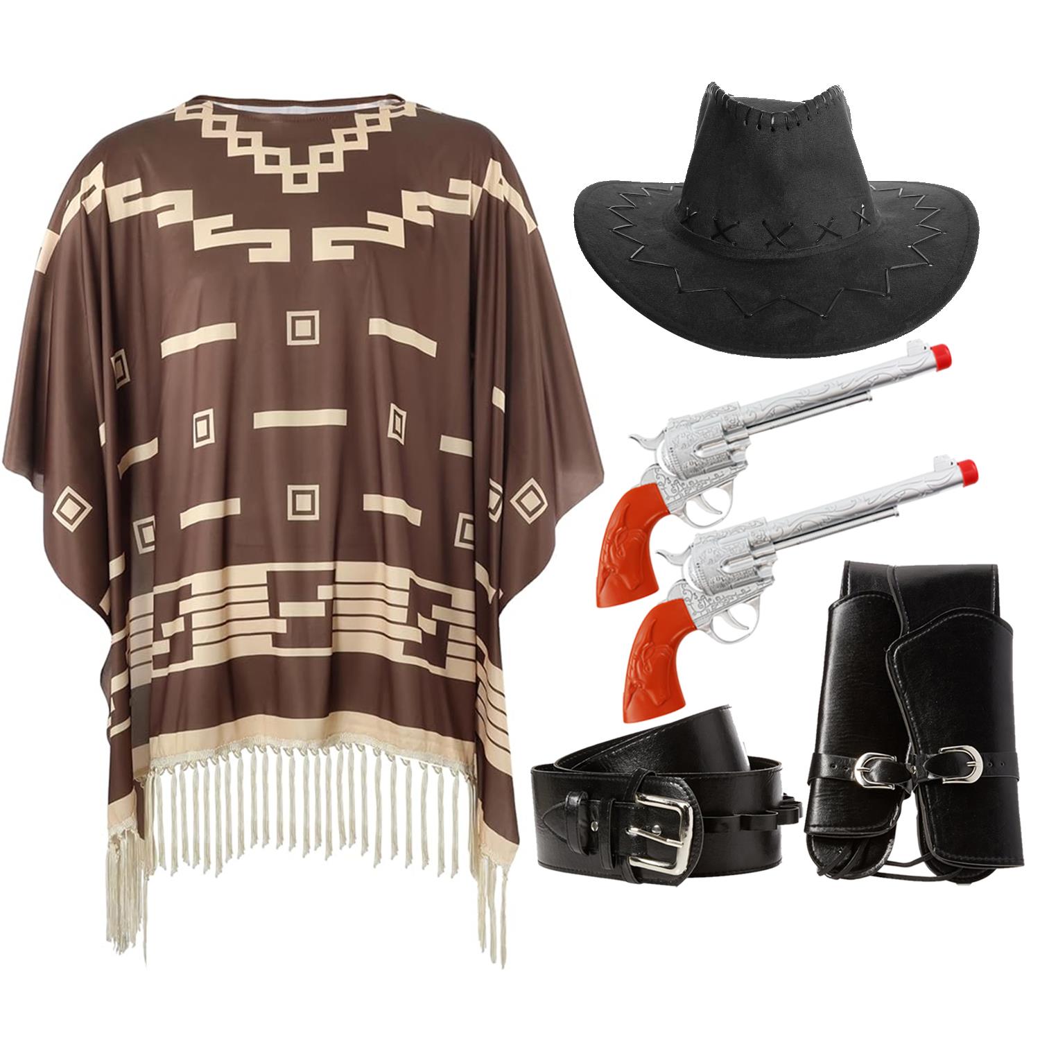 Adults Cowboy Accessory Set | 4 Pcs | Black Suede Hat, Poncho, Plastic Pistols & Holster