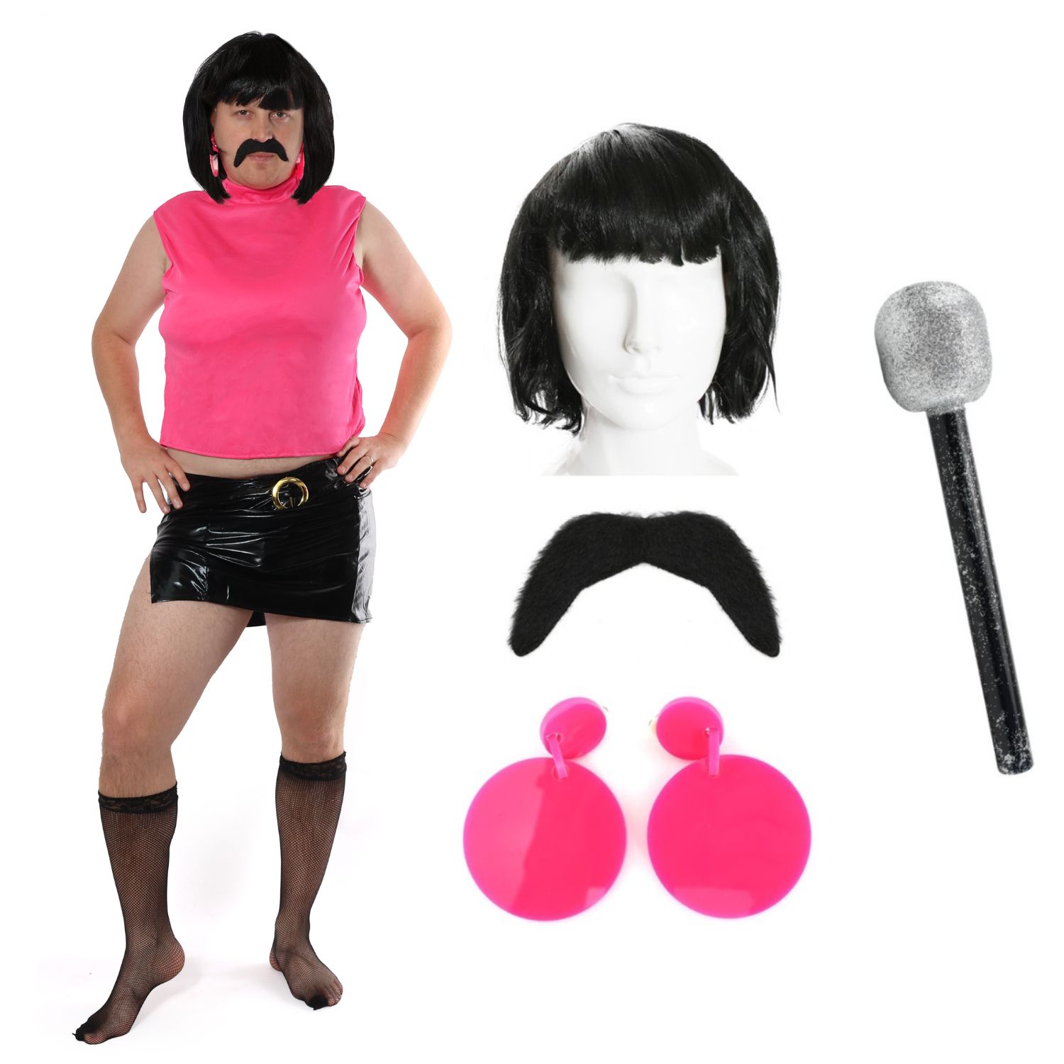 Adults Rock Queen Housewife Costume | 7 Pcs | Top, Skirt, Wig, Tash, Tights, Earrings & Mic