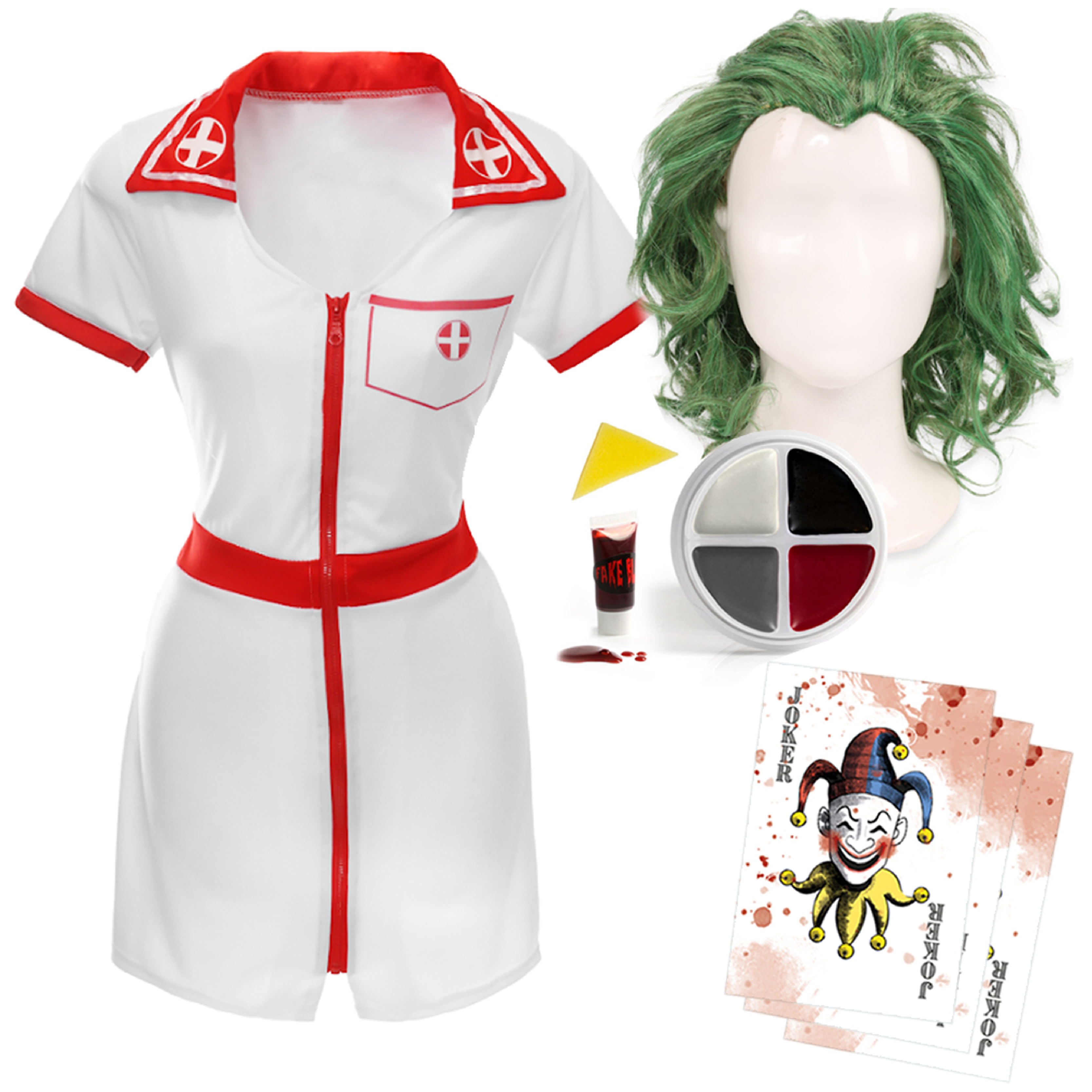 Adults Laughing Man Nurse Costume - Dress, Wig, Face Paint & Business Card