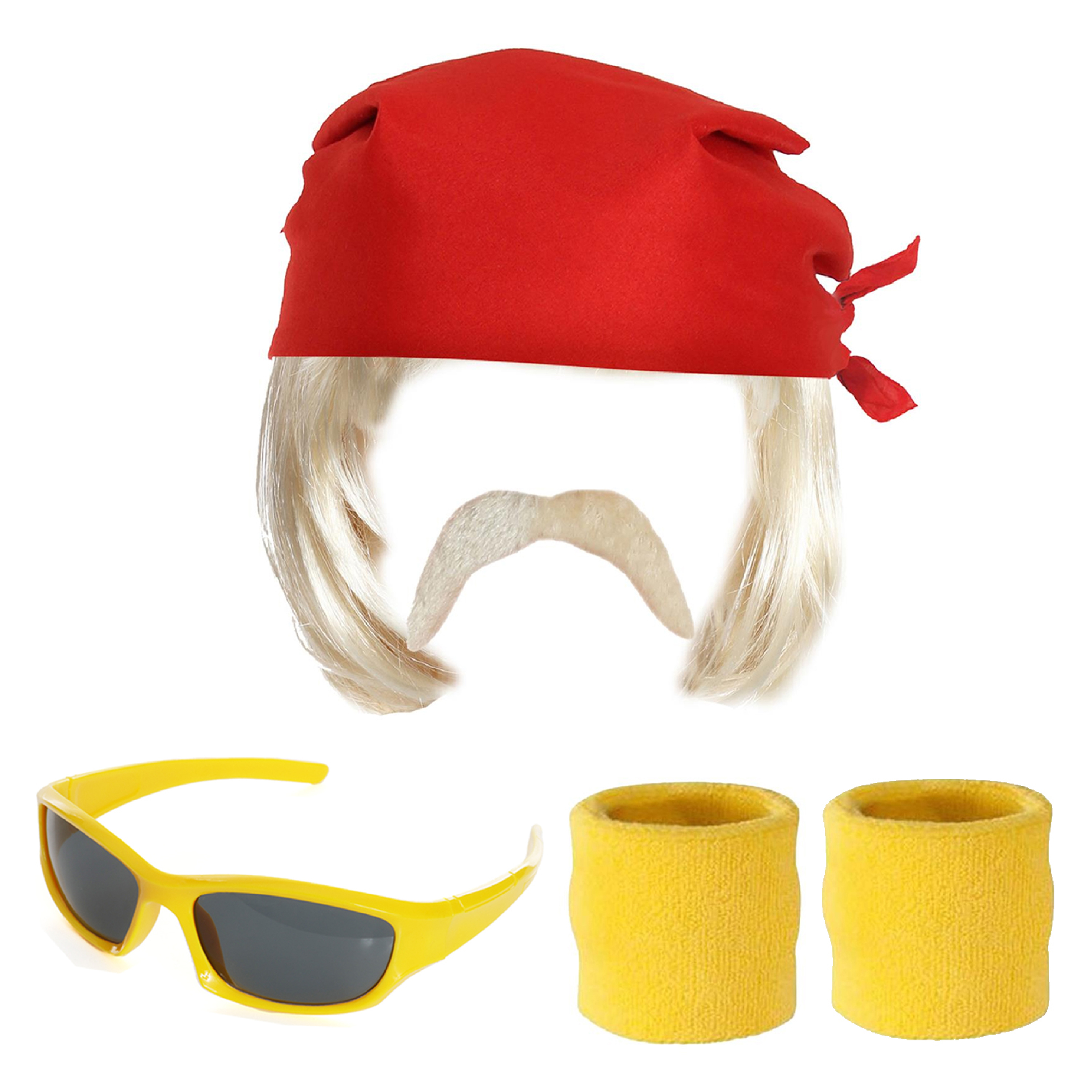 1980's Wrestler Accessory Set - Bandanna, Moustache, Wig, Sweatbands & Glasses