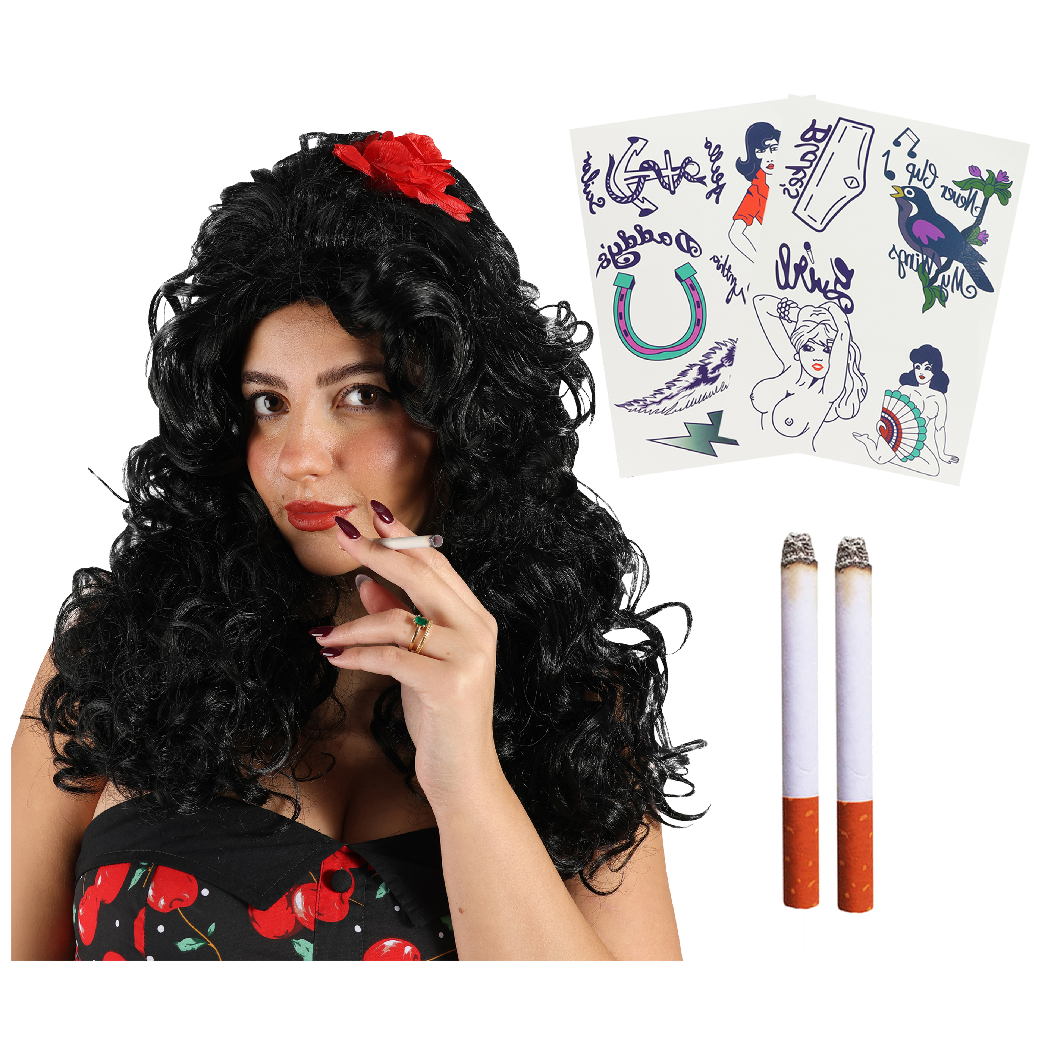 2000's Singer Accessory Set - Beehive Wig, Fake Cigarettes & Tattoos