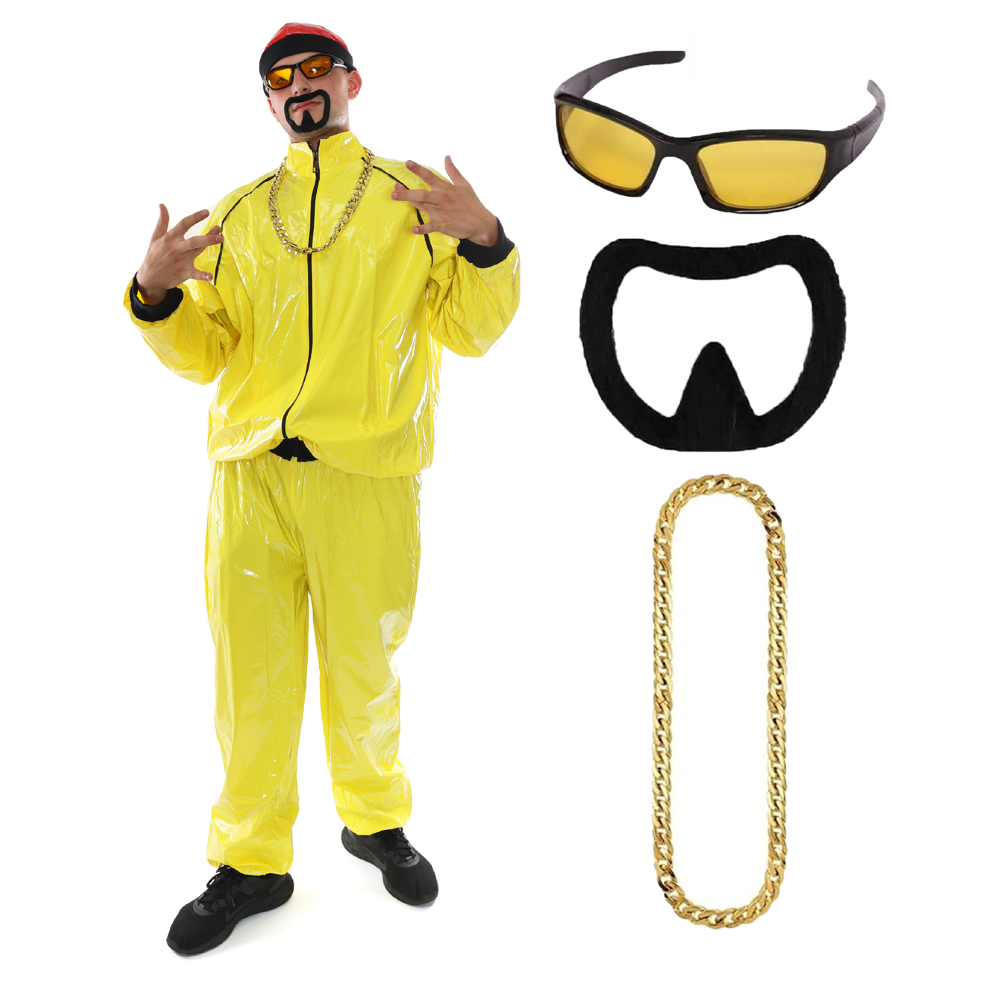 Adults Funny 90's Rapper Costume - Red Hat, Glasses, Goatee & Gold Chain
