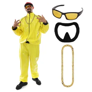 Adults Funny 90's Rapper Costume - Red Hat, Glasses, Goatee & Gold Chain