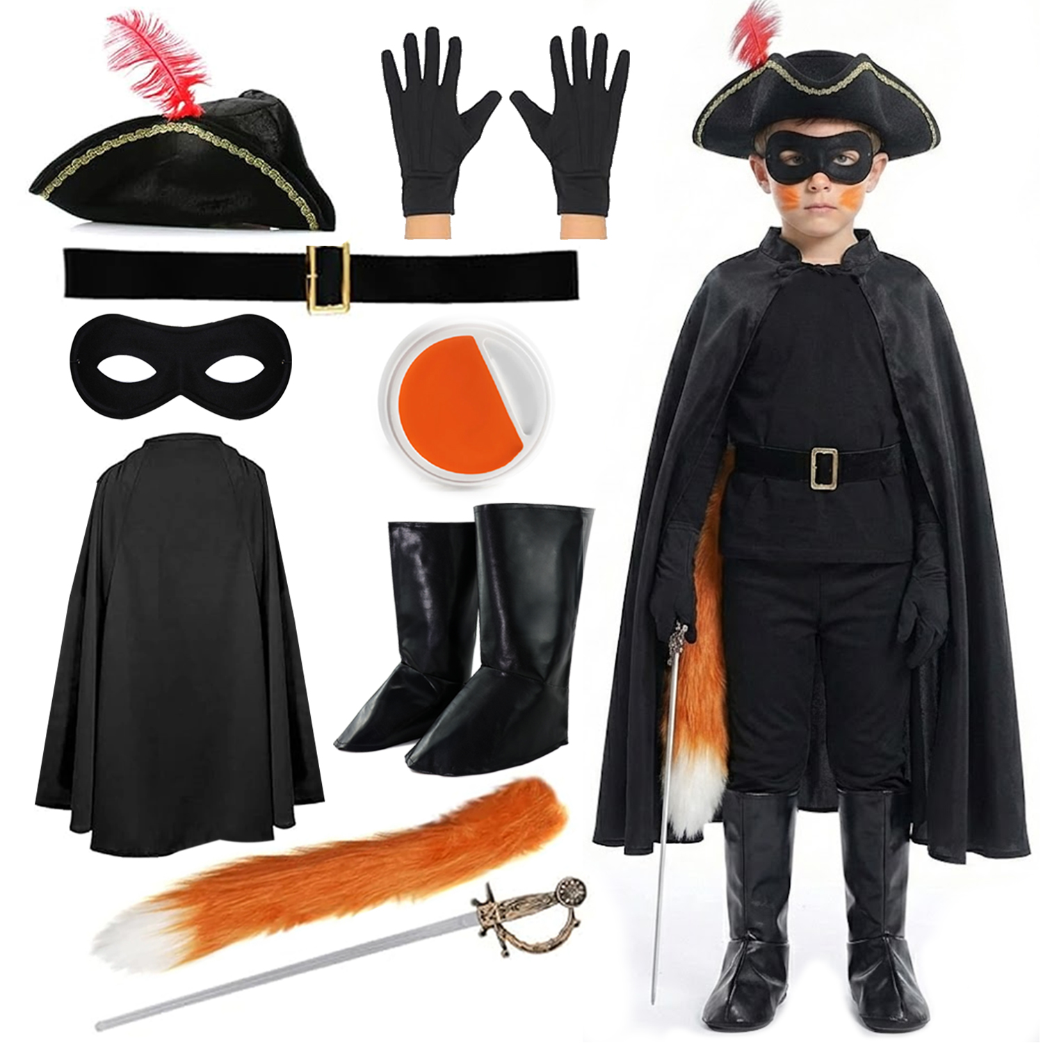 Childs Deluxe Cat Bandit Costume | 9 Pcs | Cape, Hat, Black Mask, Belt, Gloves, Sword, Thin Tail, Boot Covers, Orange & White Face Paint
