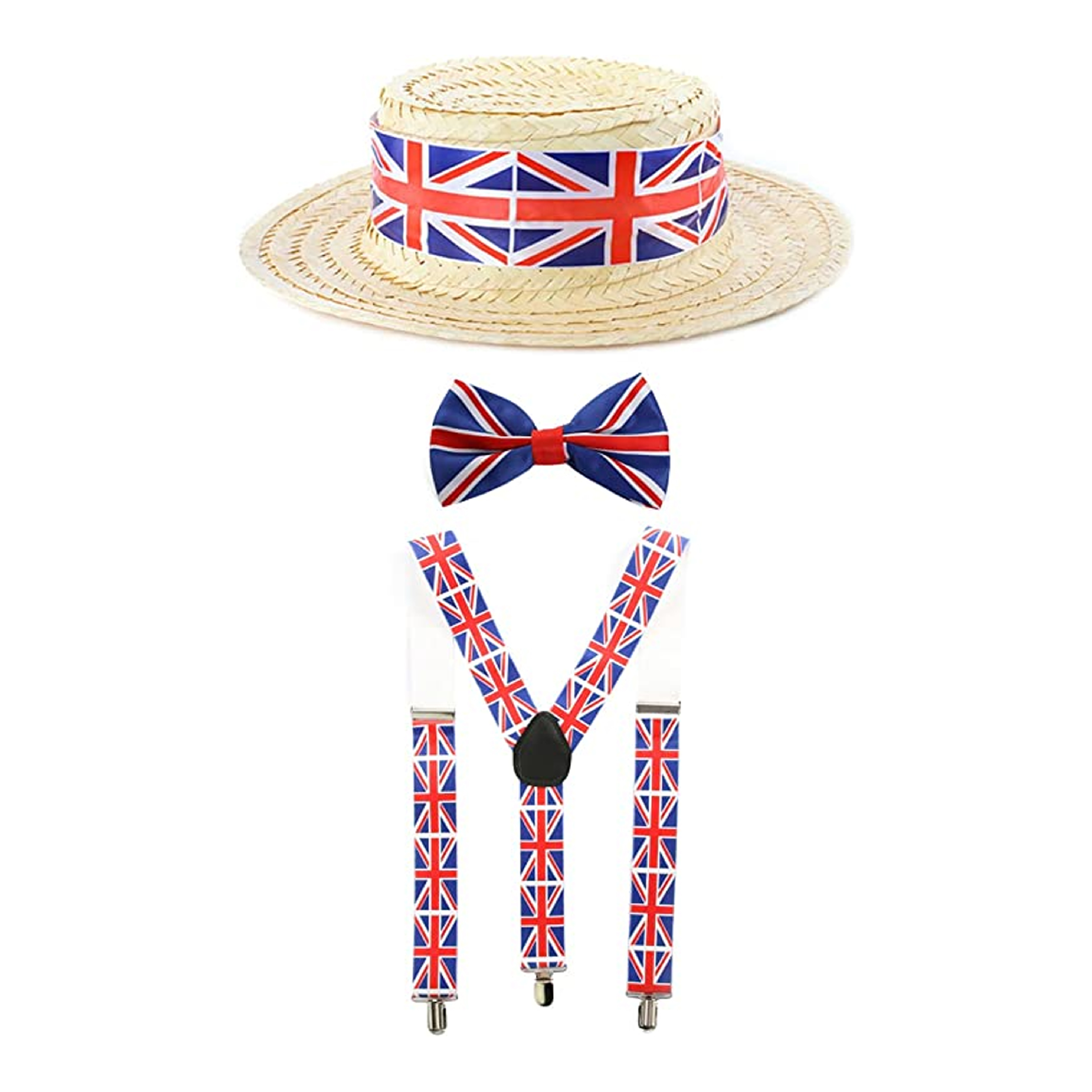 Union Jack Braces, Bow Tie & Boater Hat Set – British Flag Fancy Dress Accessories