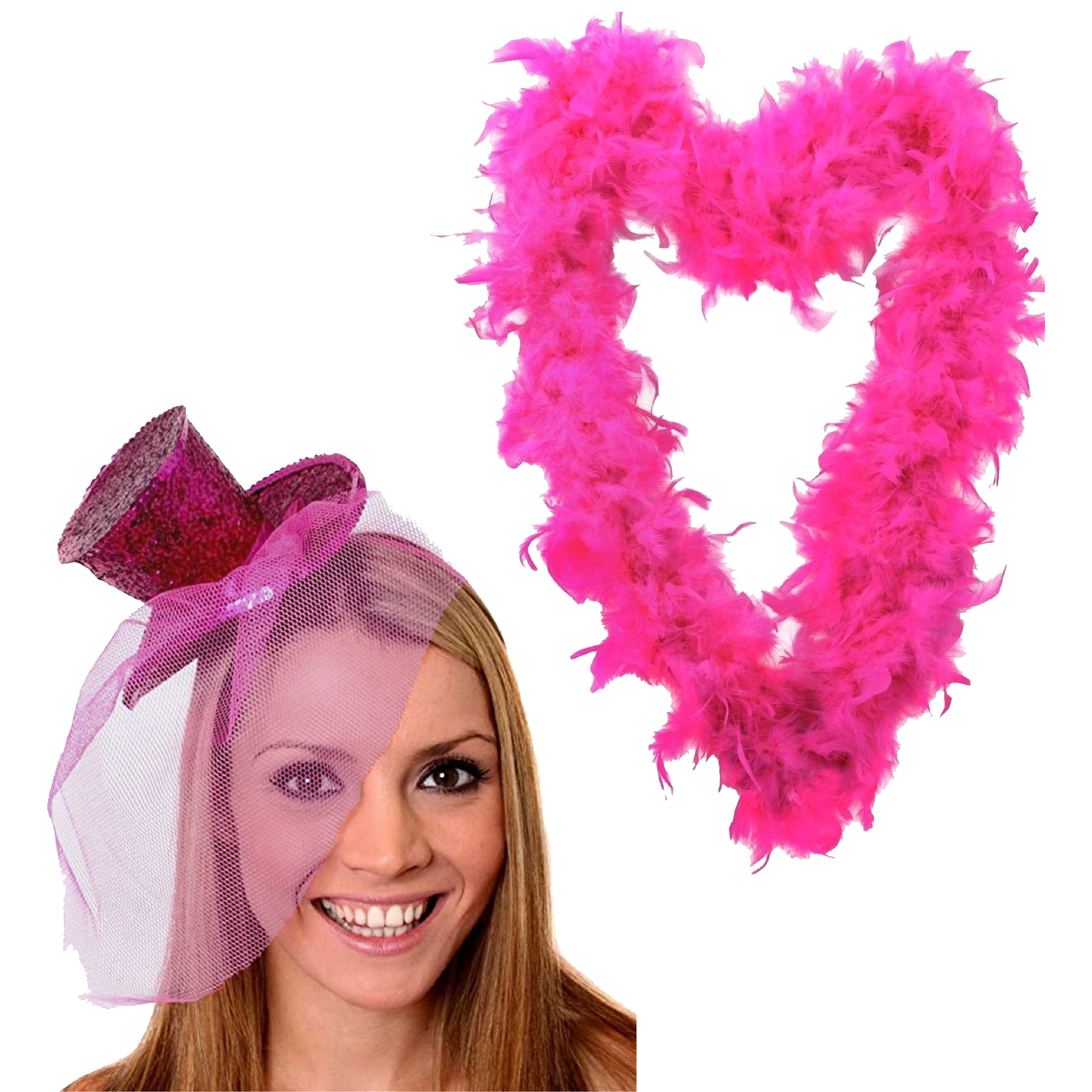 Pink Mini Glitter Fascinator Hat & Hot Pink Feather Boa