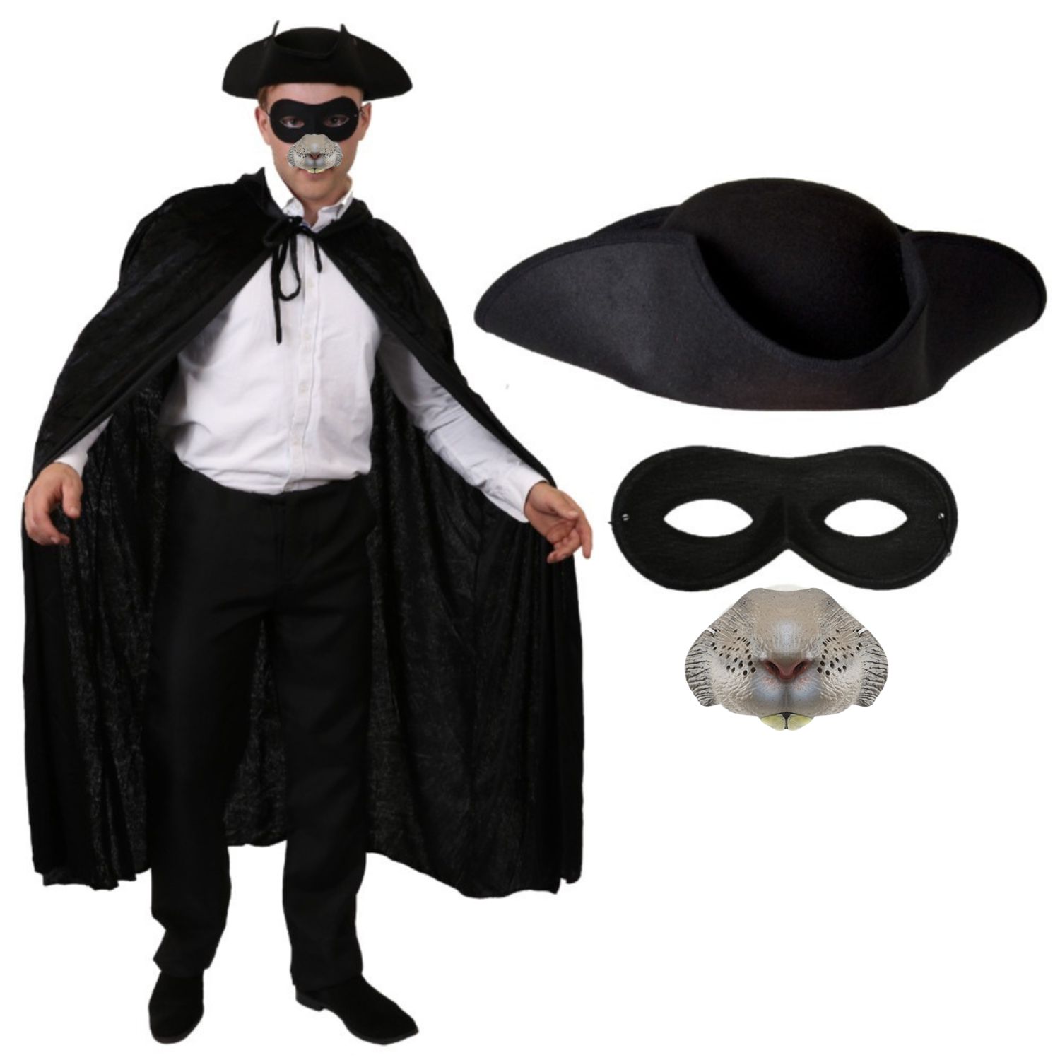 Adults Highway Rodent Costume | 4 Pcs | Cape, Black Tricorn Hat, Nose & Mask