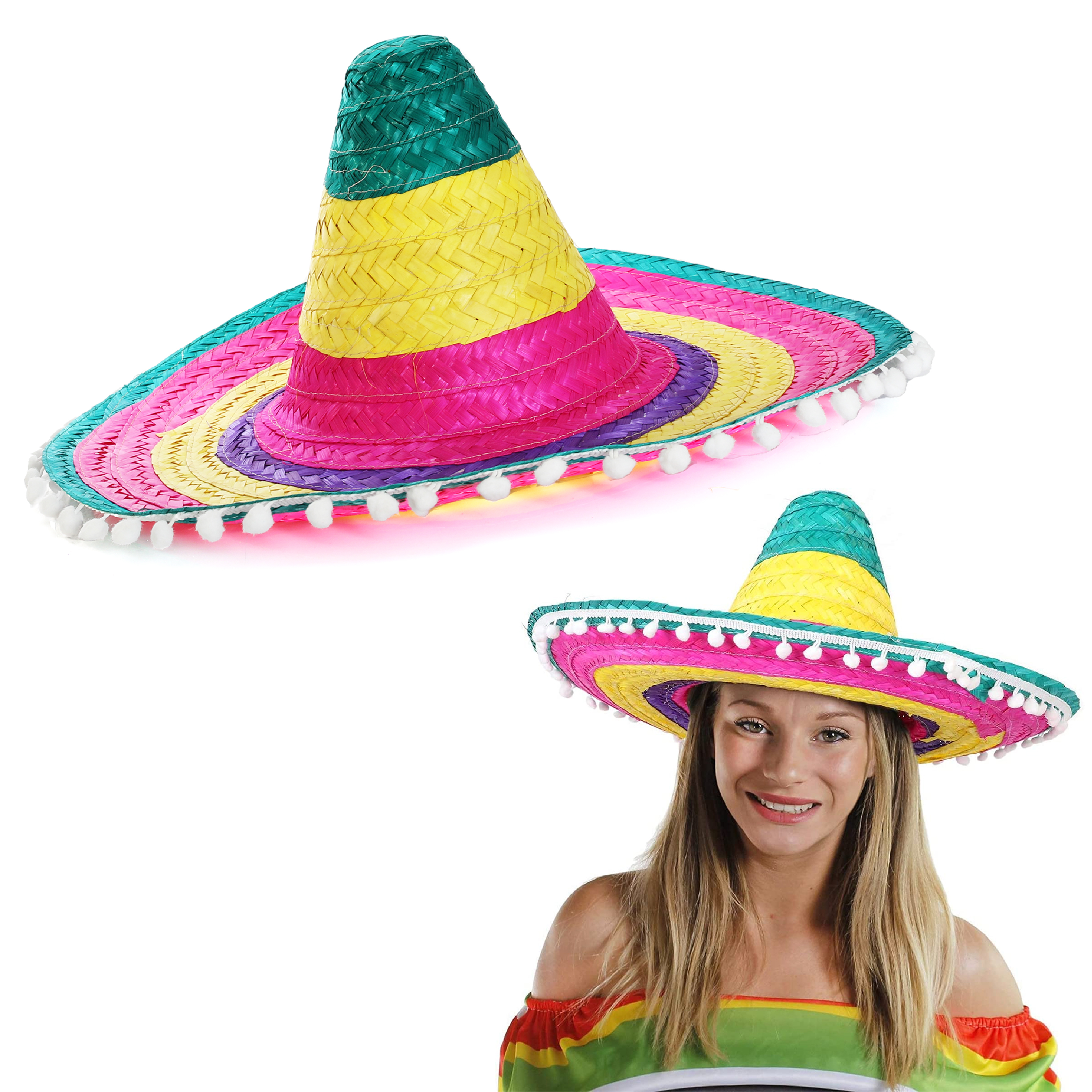 Multi-colour Mexican Sombrero with Pom Pom Edging