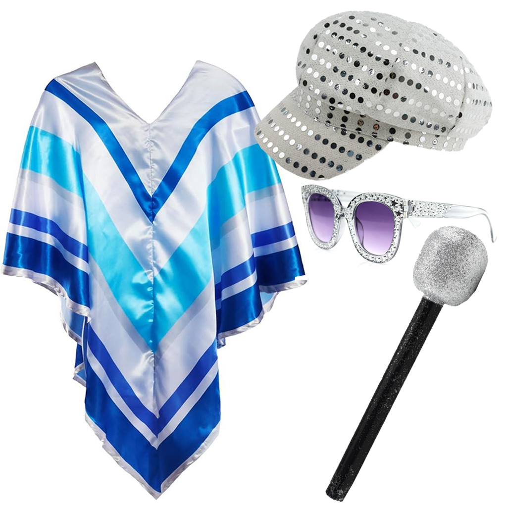 Adults 70's Poncho Costume | 4 Pcs | Poncho, Silver Sequin Hat, Glasses & Micrphone
