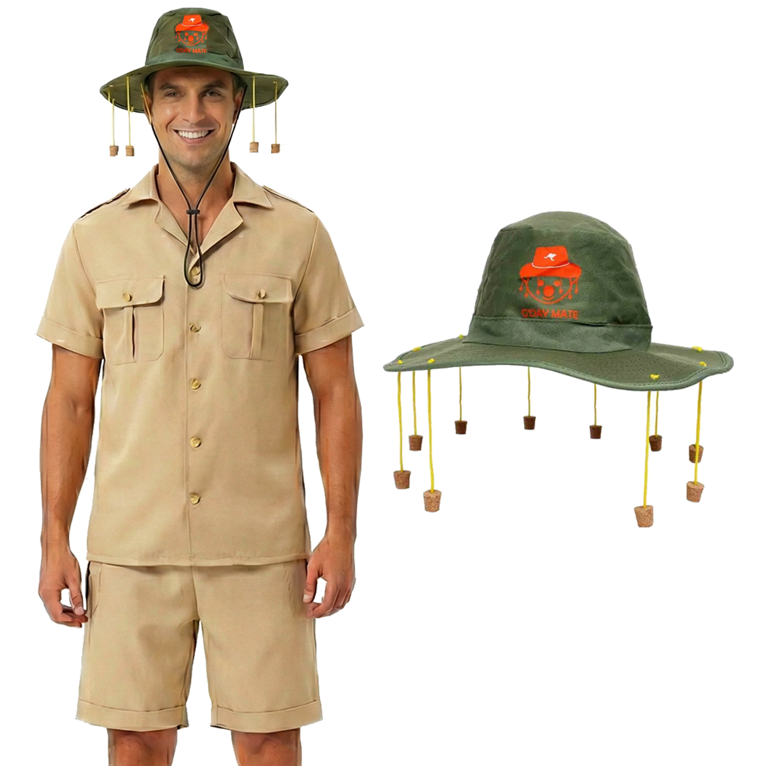 Adults Australian Explorer Costume | 3 Pcs | Shirt, Shorts & Koala Cork Hat