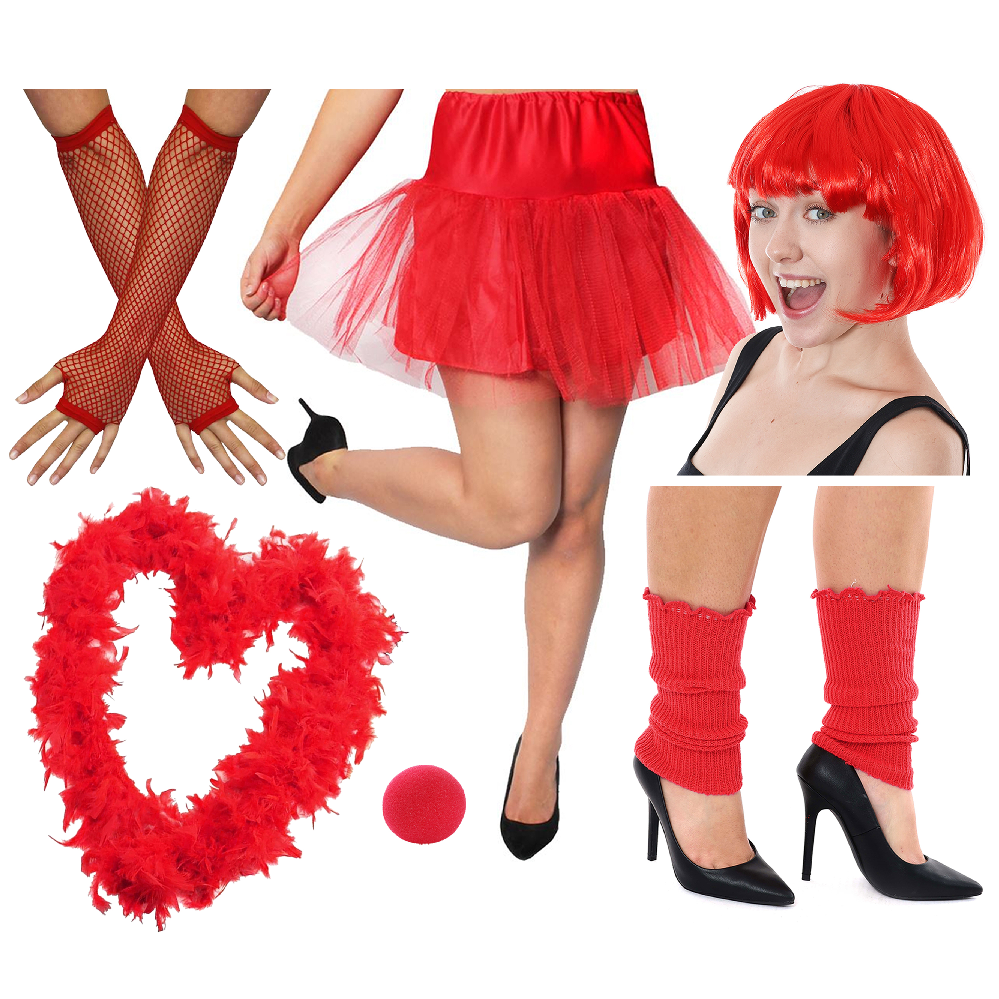 Red Nose Accessory Set - Nose, Bob Wig, Feather Boa, Fishnet Gloves, Tutu & Leg Warmers