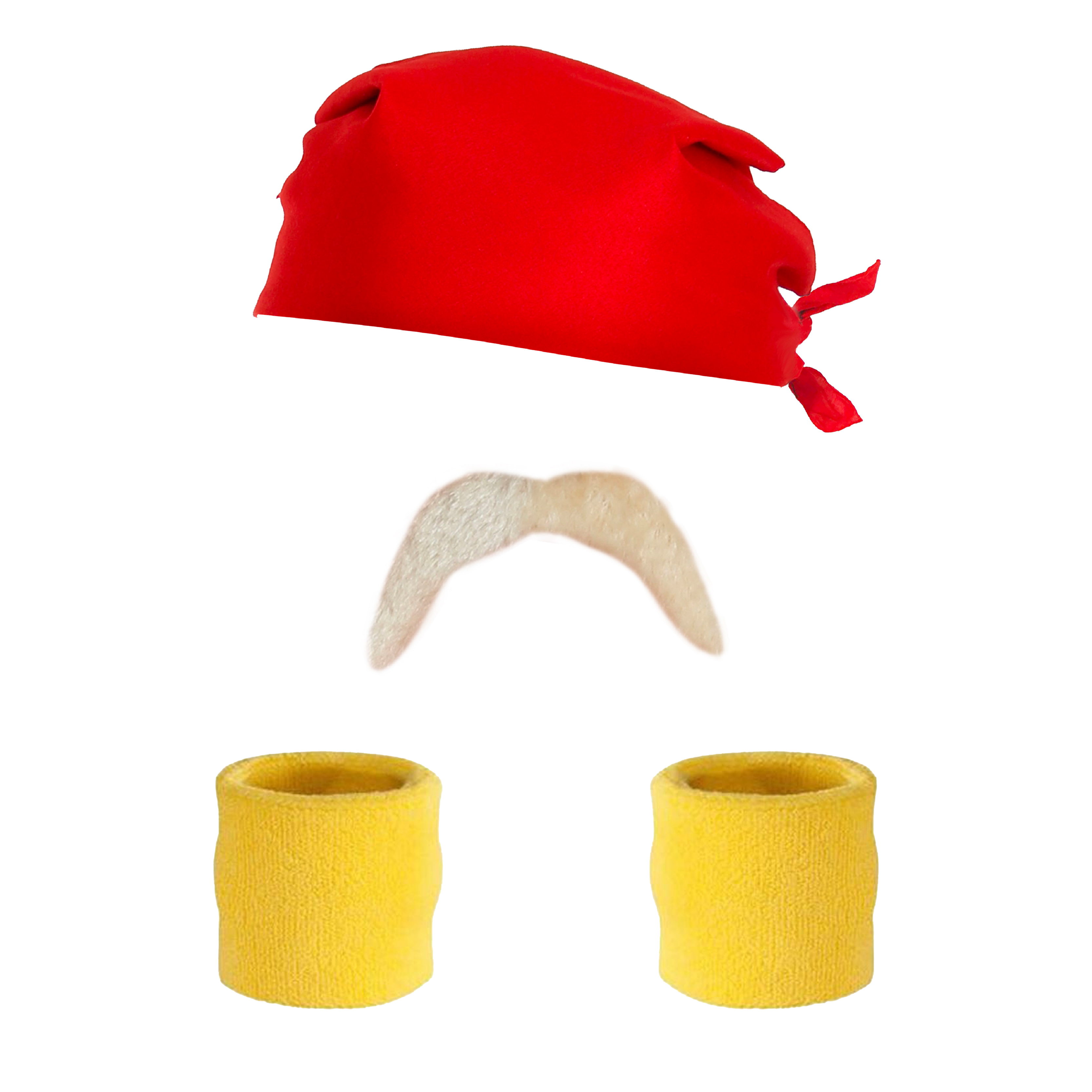 1980's Wrestler Accessory Set Blonde Tash + Red Bandana + Sweatbands