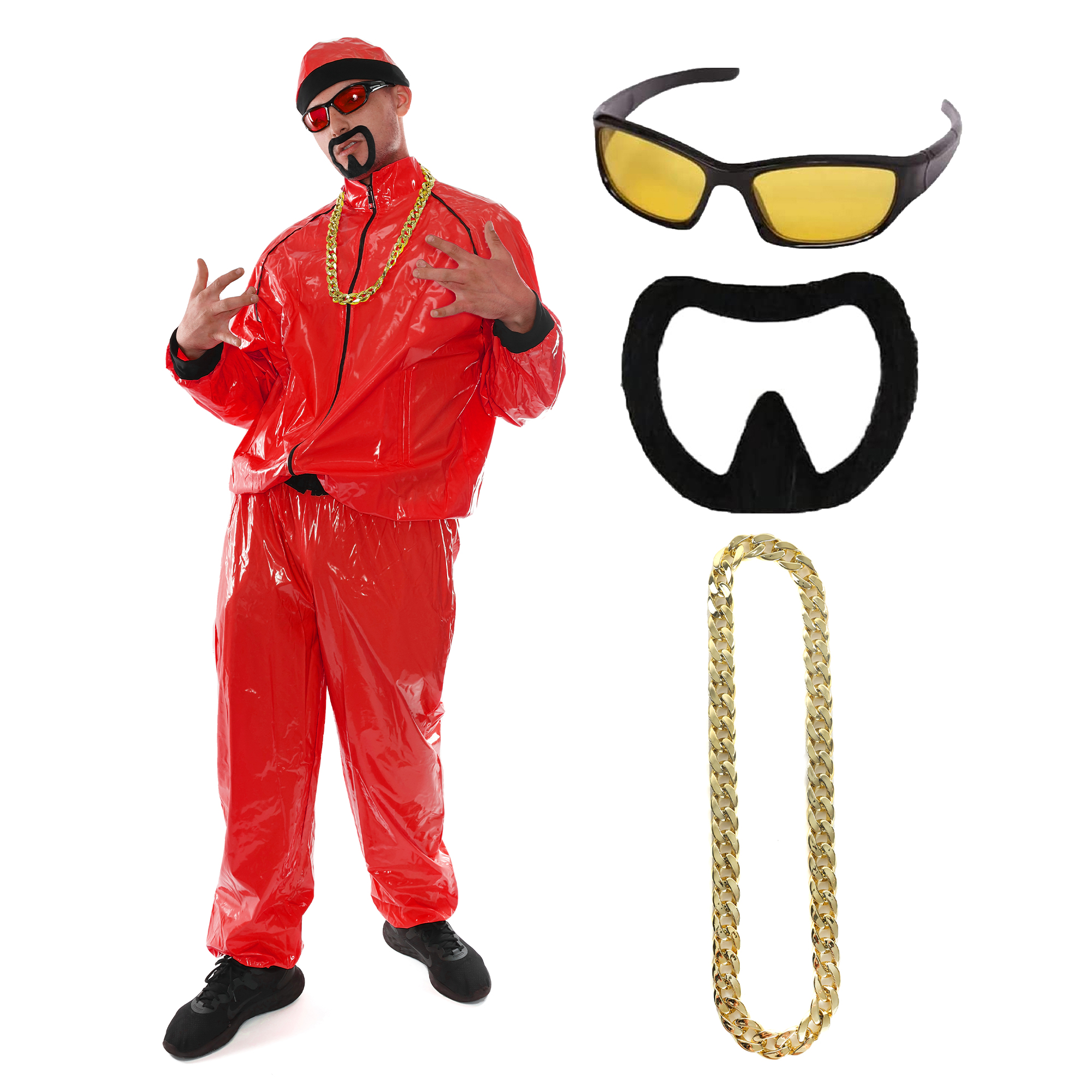 Adults Red Funny 90's Rapper Costume - Red Hat, Glasses, Goatee & Gold Chain