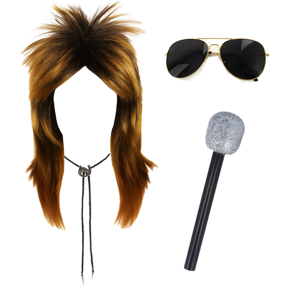 Rod Steward Inspired Accessory Set - Wig, Sunglasses, Microphone & Bootlace Tie
