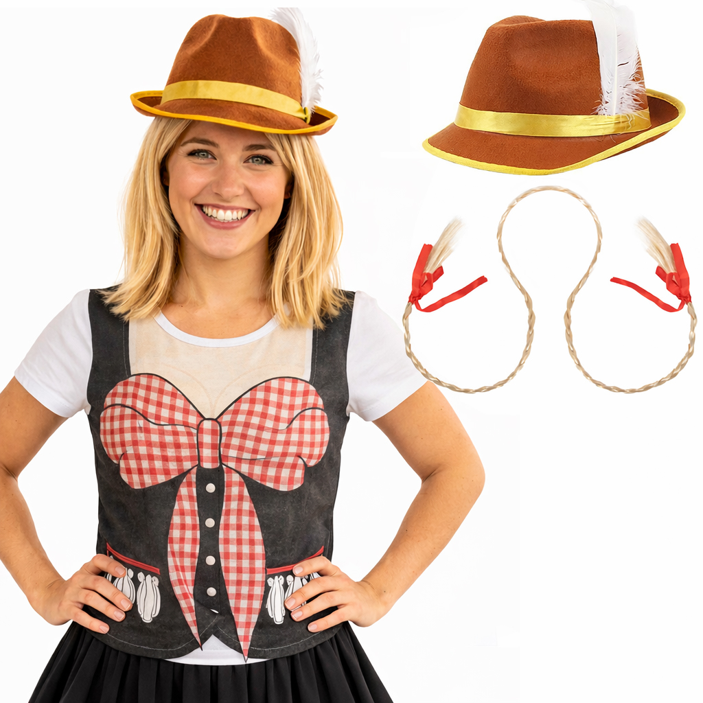 Ladies Oktoberfest Bavarian Costume | 3 Pcs | T-Shirt, Hat & Plait Headband