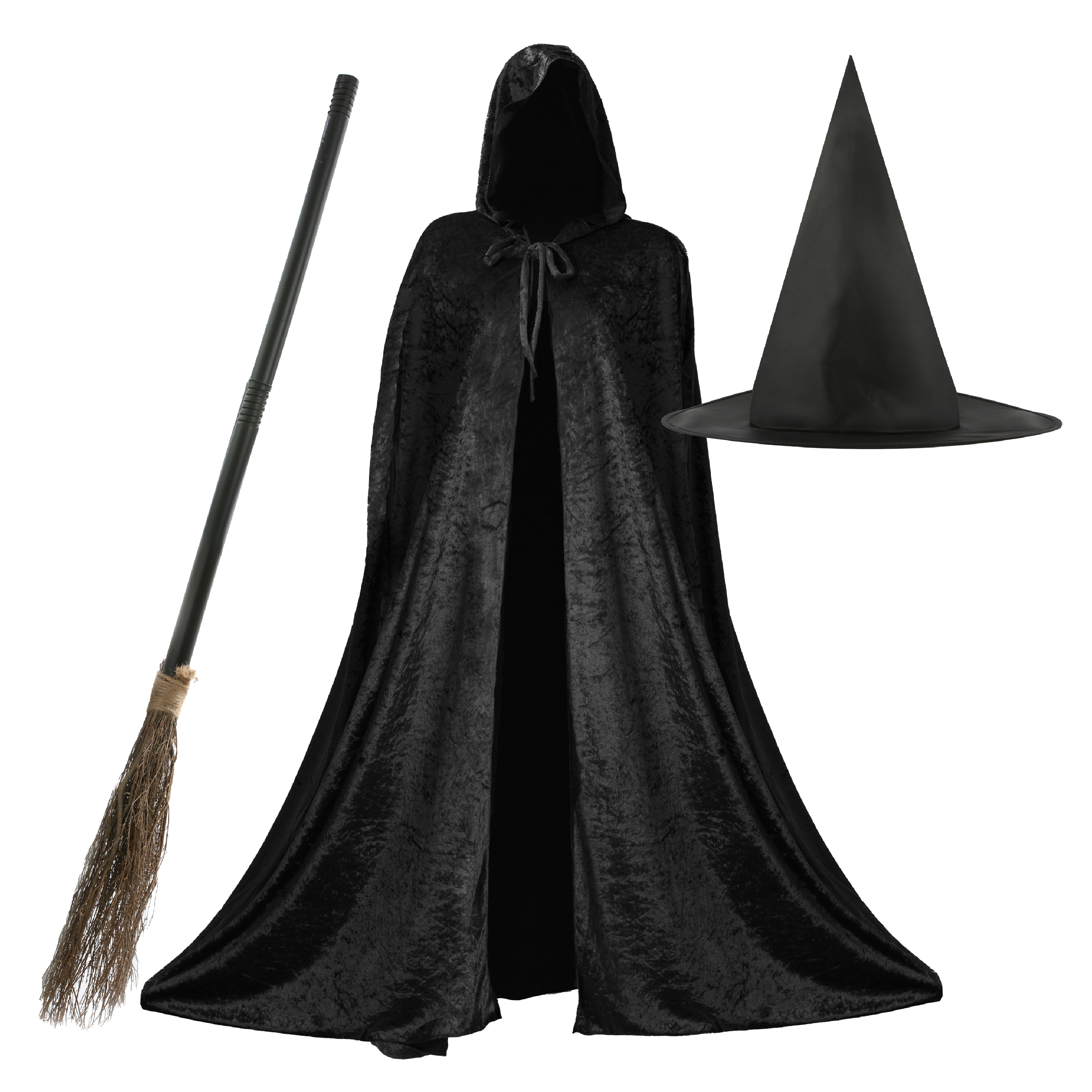 Ladies Witch Costume Set - Cape, Hat & Broom
