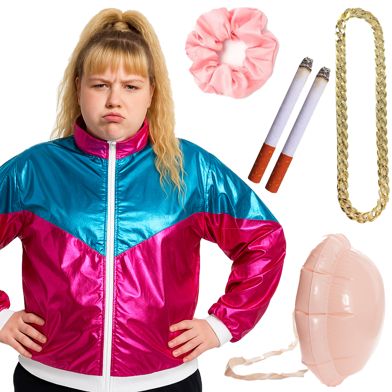 Adults Pregnant Vicky Pollard Costume | 5 Pcs | Shell Suit, Inflatable Belly, Chunky Chain, Scrunchie & Fake Cigarettes