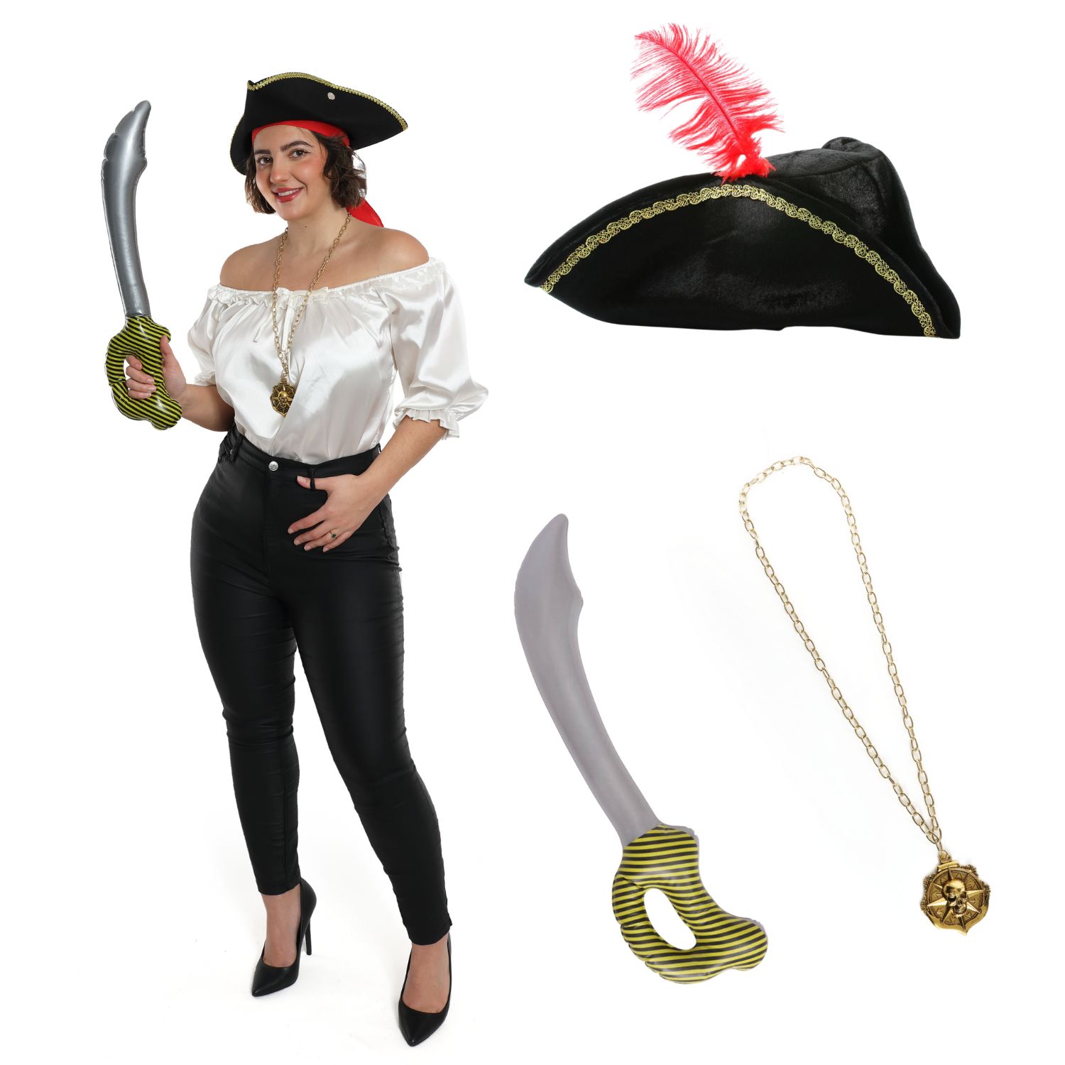 Ladies Pirate Costume Set | 4 Pcs | White Blouse, Hat, Inflatable Sword & Gold Necklace