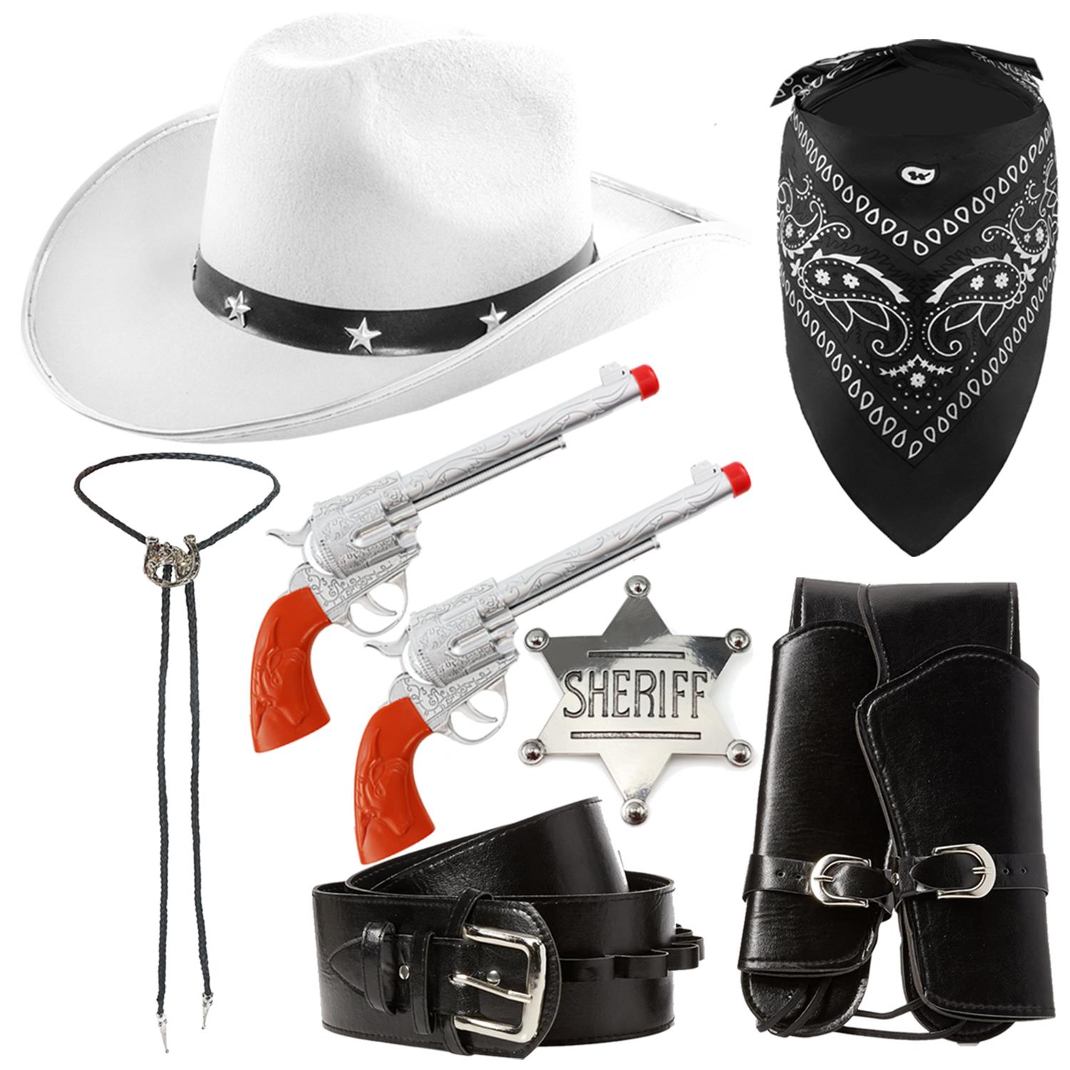 Adults Cowboy Accessory Set | 6 Pcs | White Studded Hat, Plastic Pistols, Bandana, Holster, Badge & Bootlace Tie