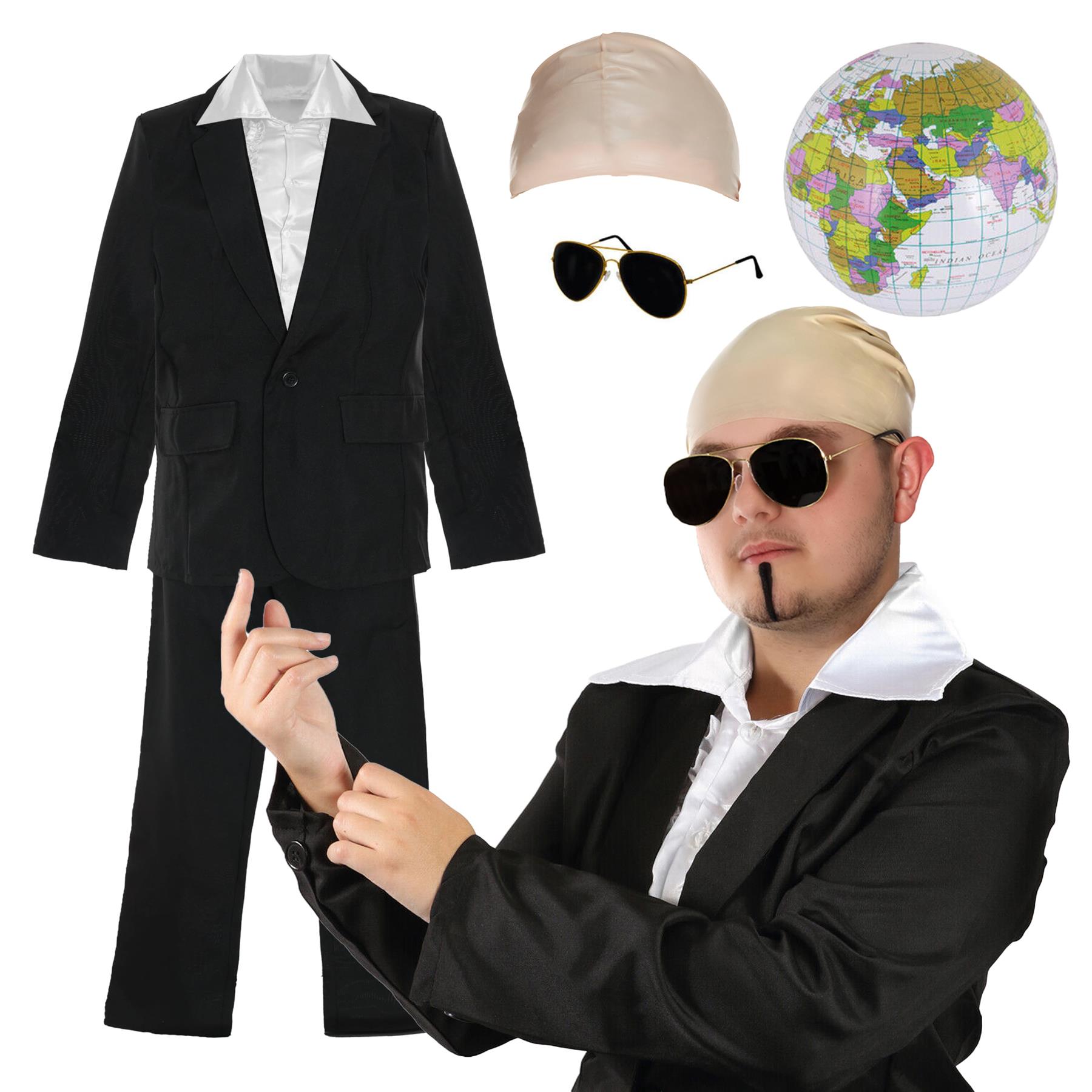 Pitbull Inspired Mr Worldwide Deluxe Costume Small Set - Bald Cap, Glasses, Soul Patch, Inflatable Globe, Suit and Shirt