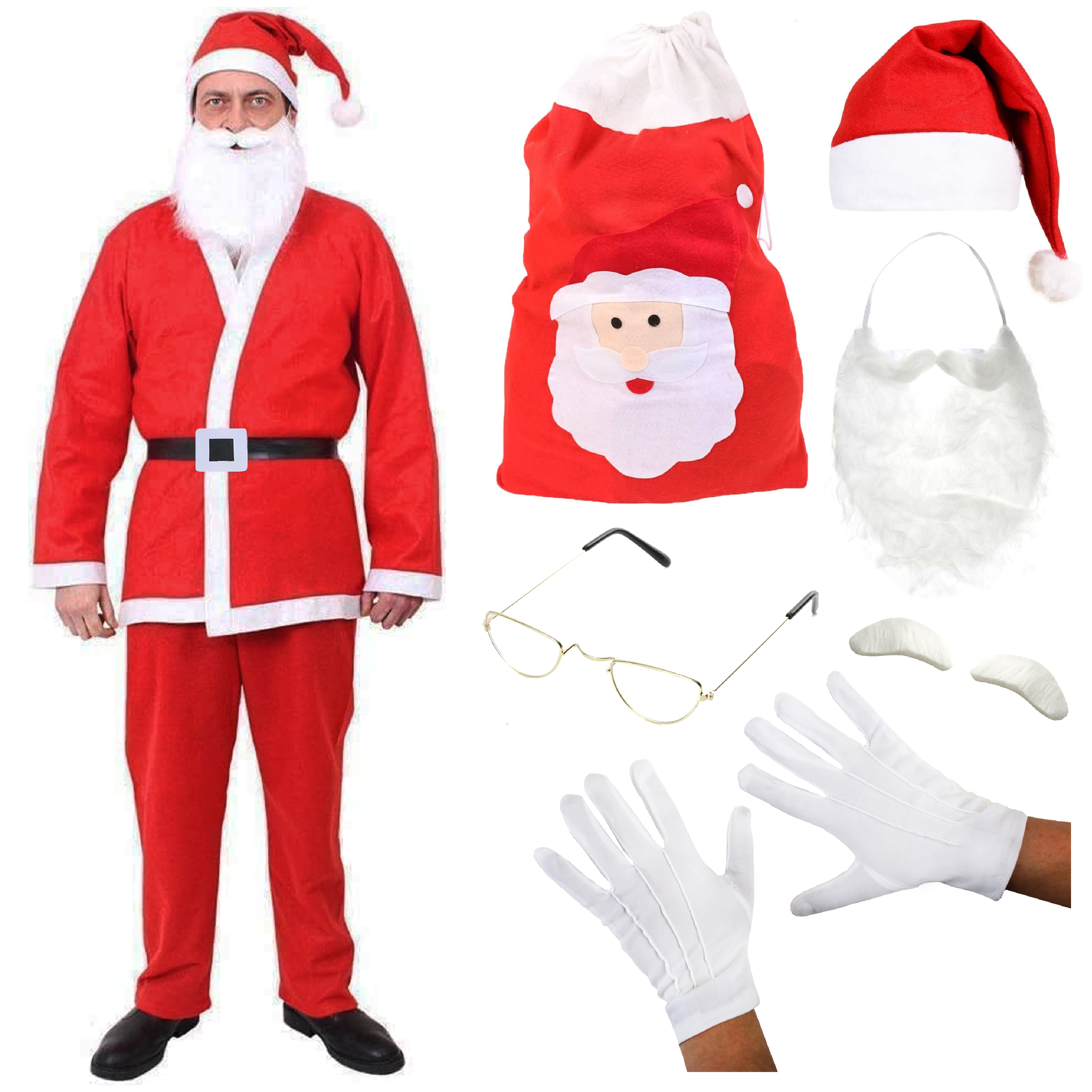 5 Piece Budget Santa Costume - with Glasses, Gloves, Eyebrows & Sack