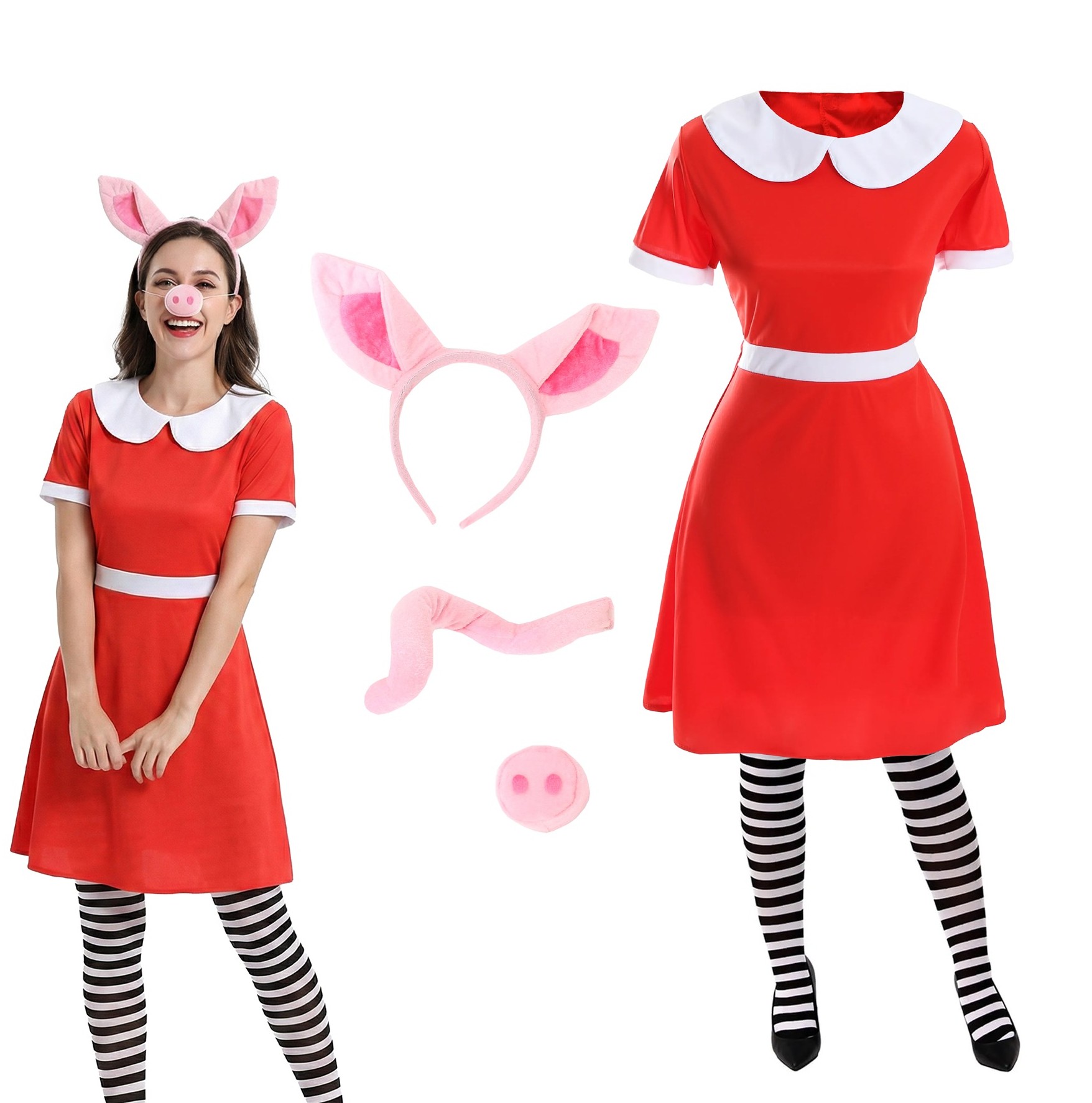 Ladies Olivia Pig Costume | 5 Pcs | Dress, Tights, Ears, Nose & Tail