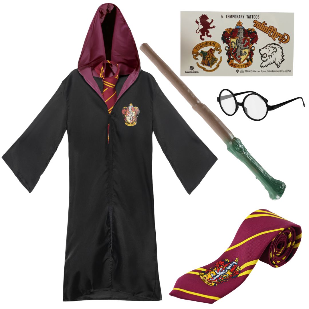 Kids Harry Potter Costume | 5 Pcs | Gryffindor Cloak, Tie, Tattoos, Wand & Glasses