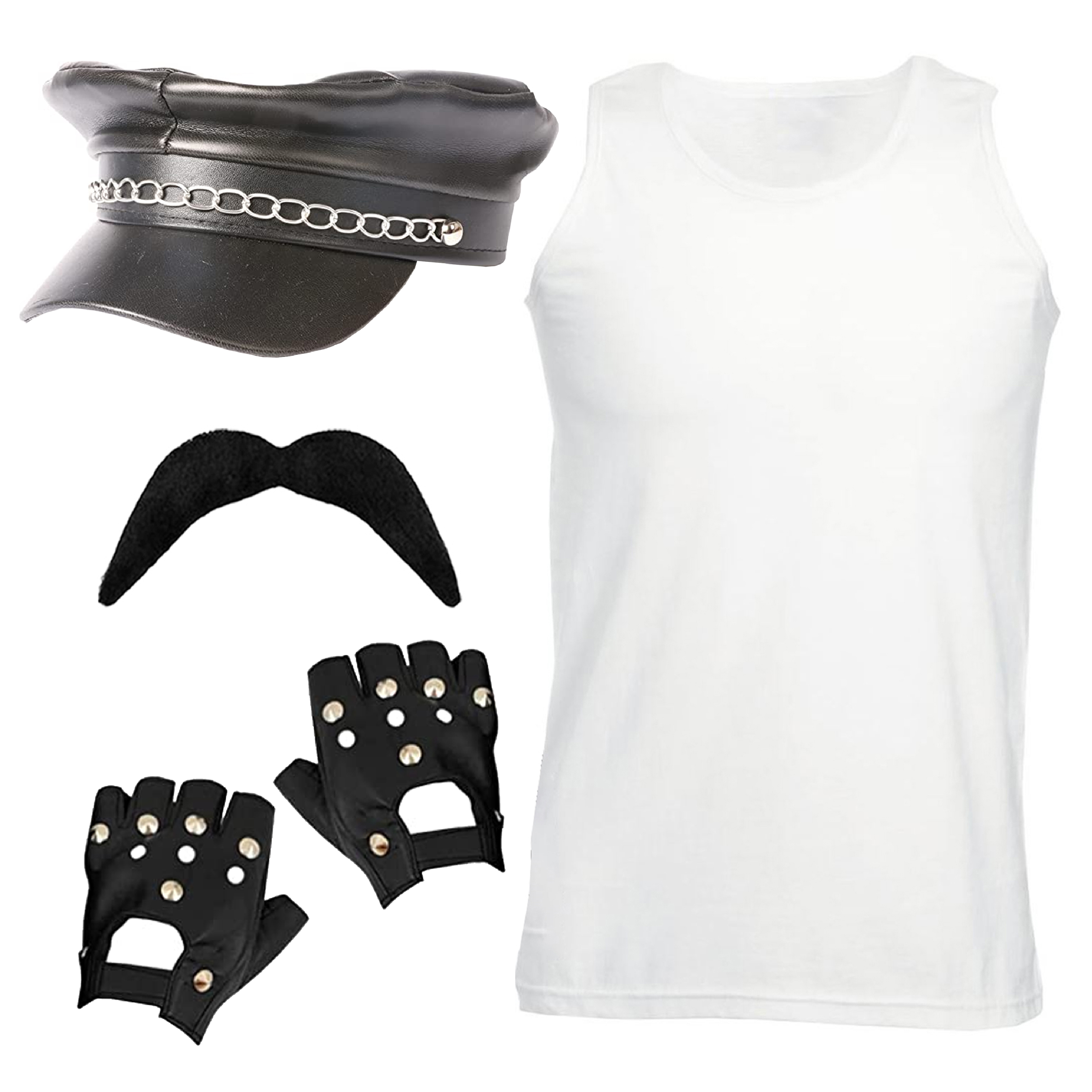 Adults 80's Rock Star Costume Set - Vest, Hat, Moustache & Gloves