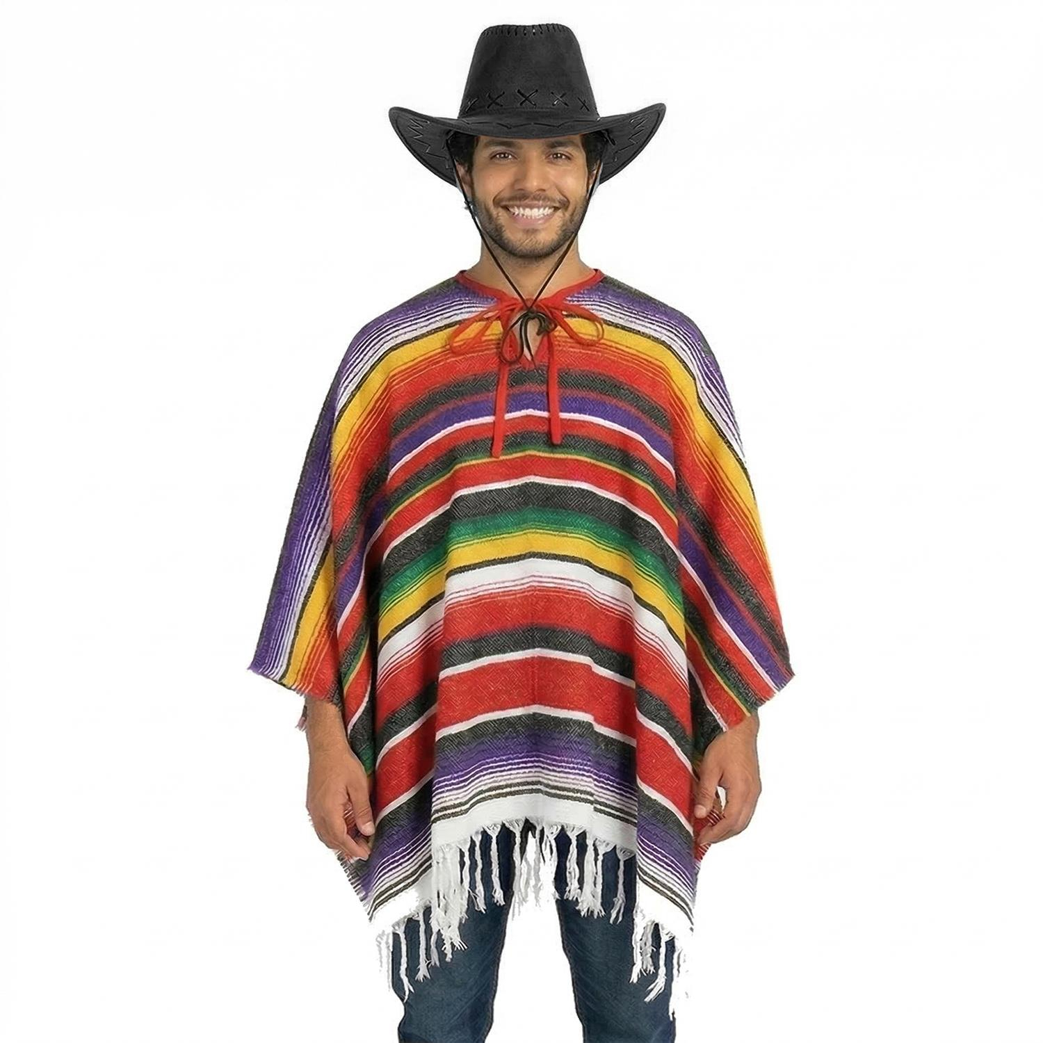 Adults Western Cowboy Costume | 2 Pcs | Poncho & Black Suede Hat