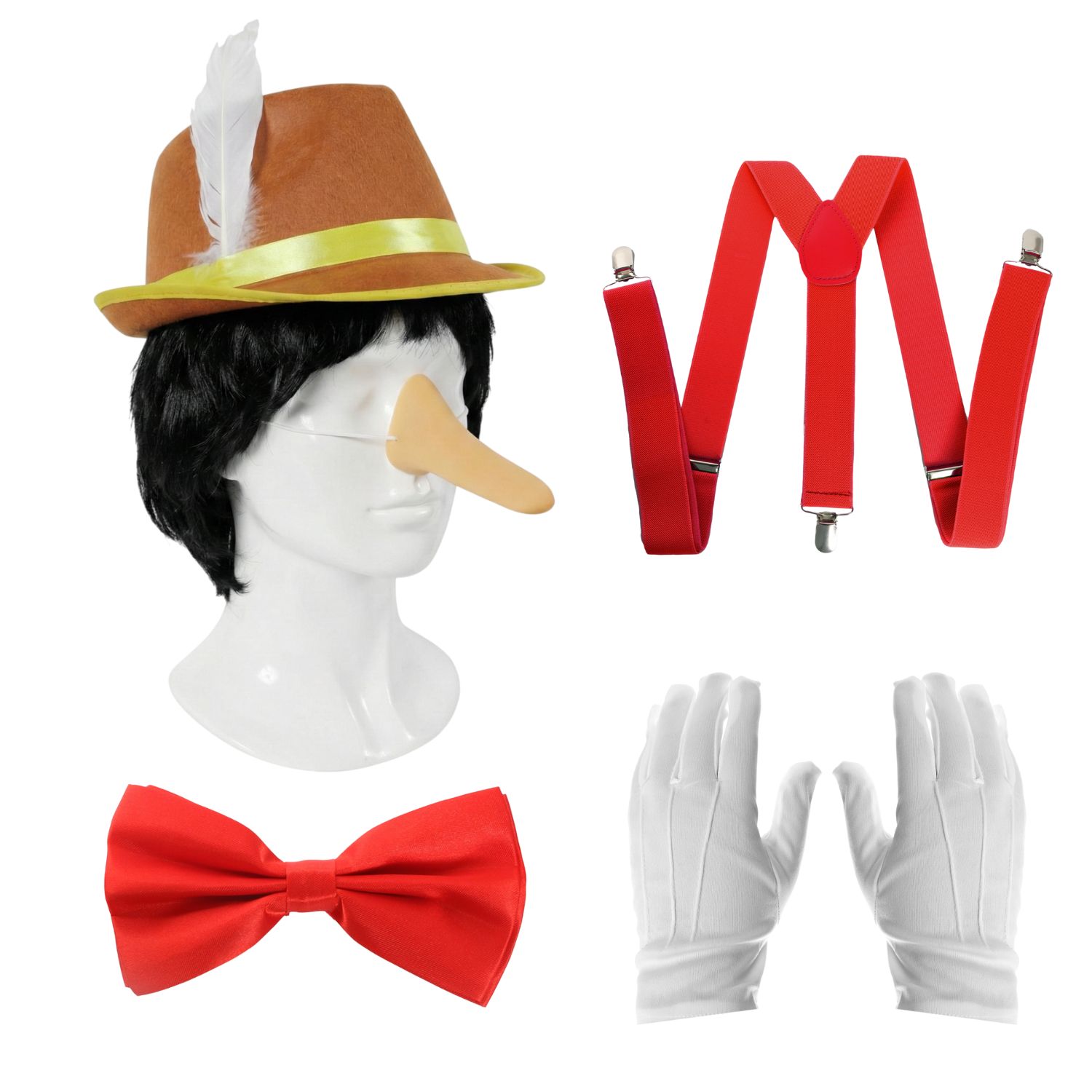Kids Lying Wooden Puppet Costume Set | 6 Pcs | Hat, Wig, Nose, Bow Tie, Braces & Gloves
