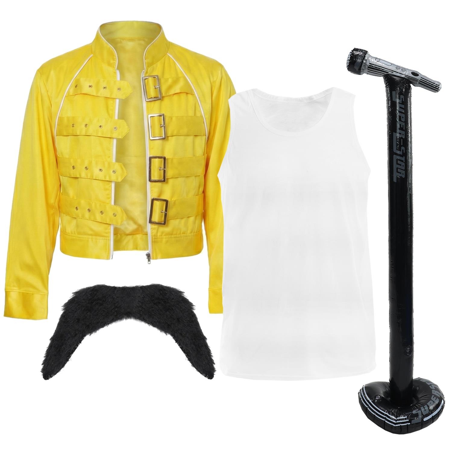 Adults 80's Rock Star Costume | 4 Pcs | Yellow Jacket, Vest, Tash & Inflatable Mic Stand
