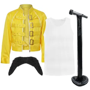Adults 80's Rock Star Costume | 4 Pcs | Yellow Jacket, Vest, Tash & Inflatable Mic Stand