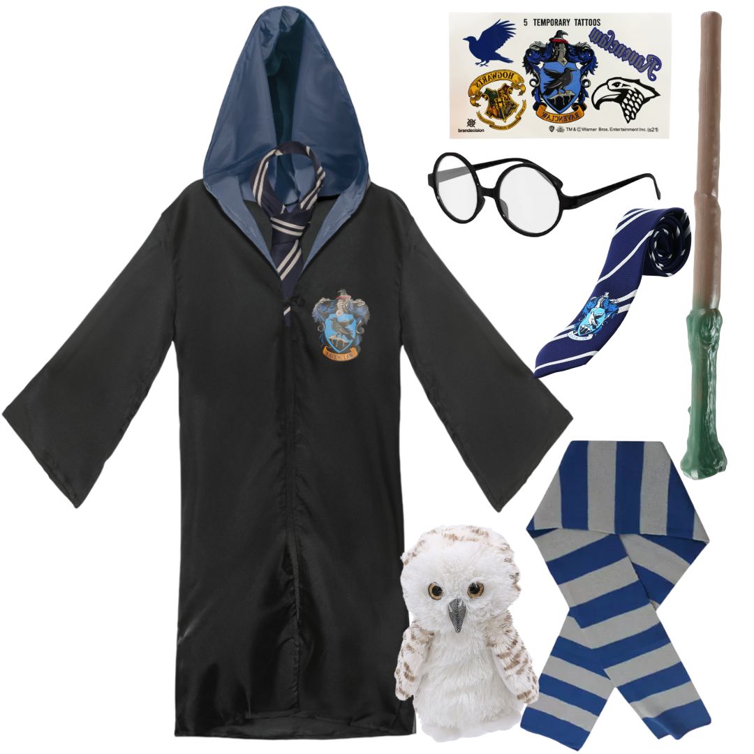 Adults Harry Potter Costume | 7 Pcs | Ravenclaw Cloak, Tie, Tattoos, Wand, Glasses, Scarf & Owl
