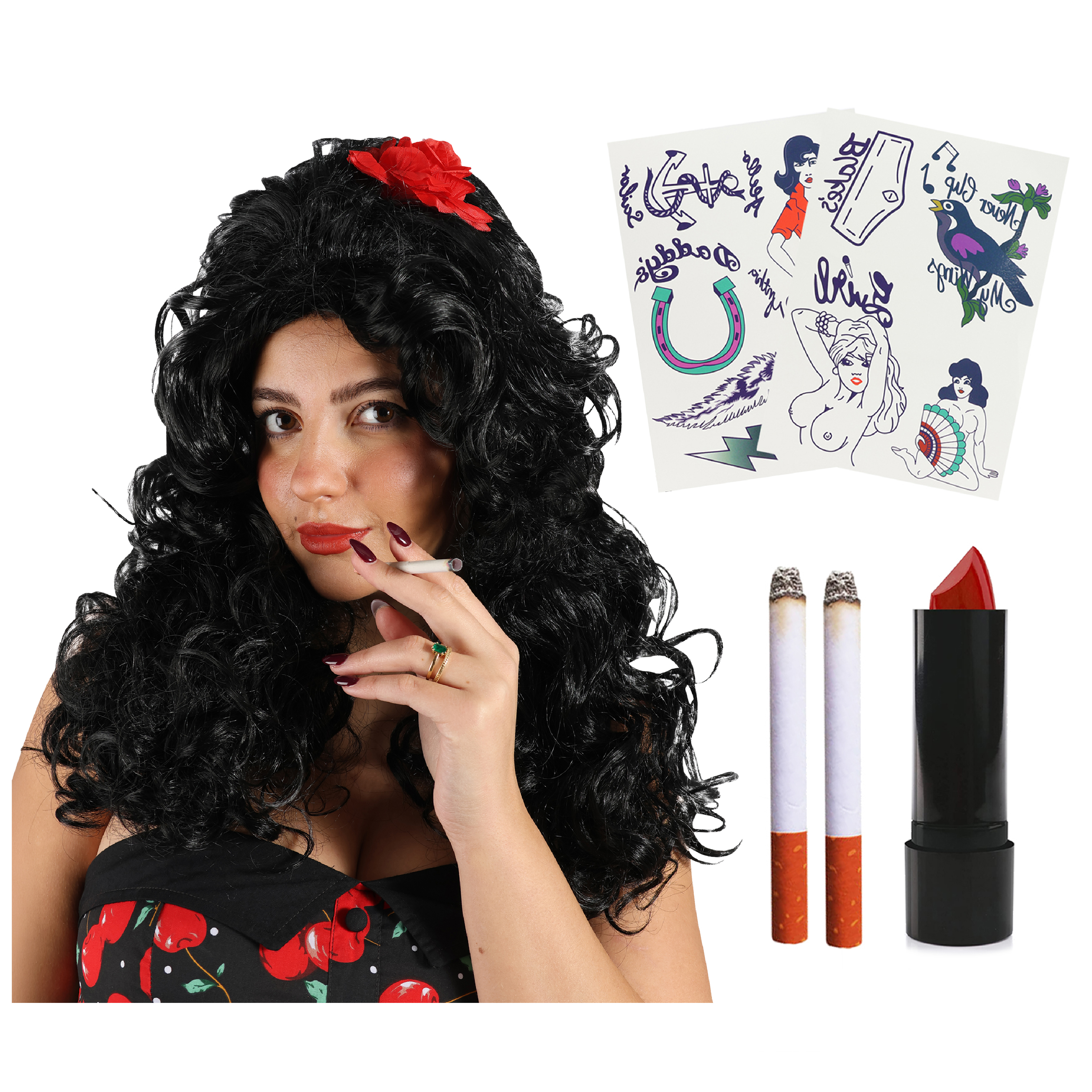 2000's Singer Accessory Set - Beehive Wig, Red Lipstick, Fake Cigarettes & Tattoos