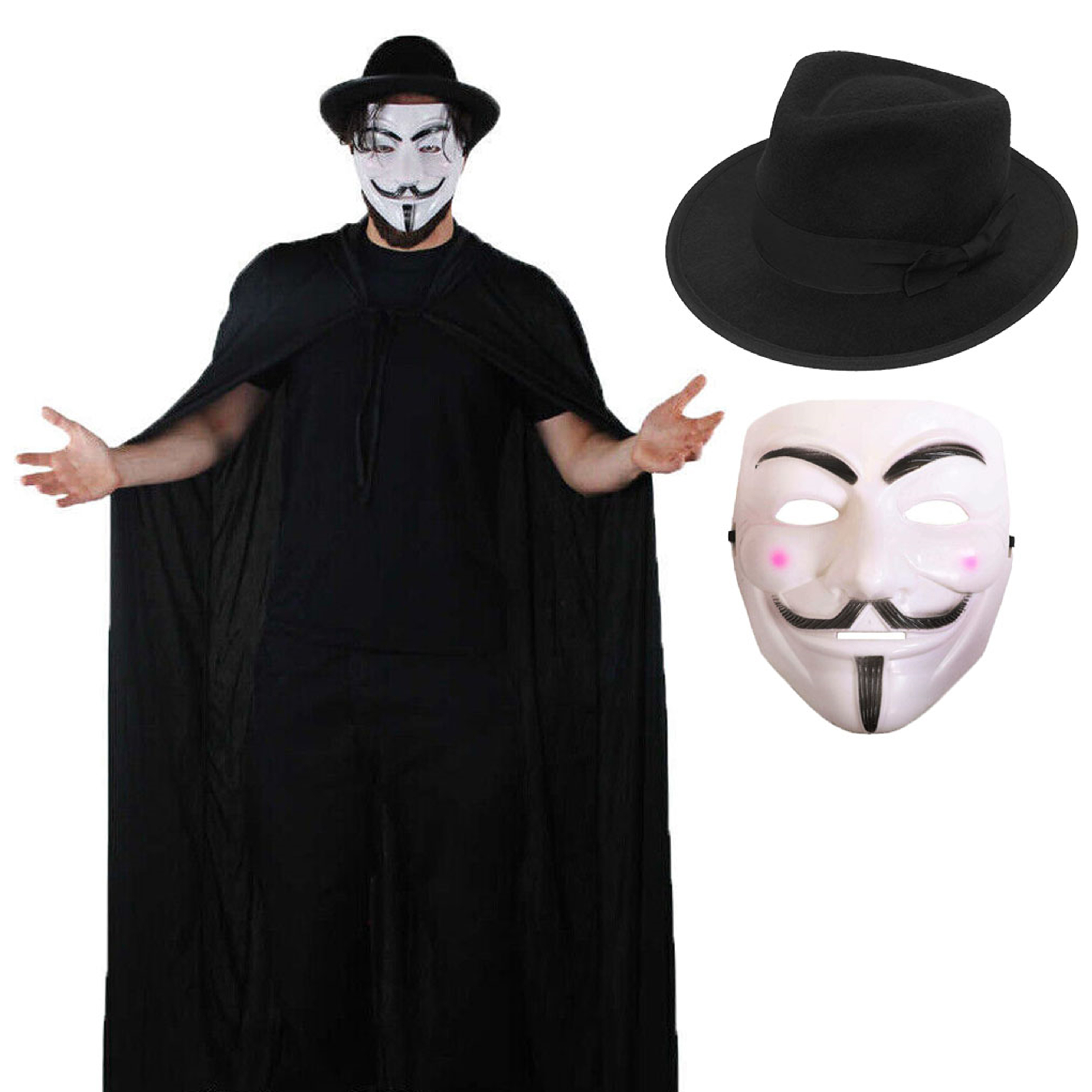 Anonymous Set - Black Trilby Hat, Hooded Cape, Vendetta Mask