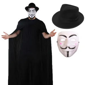 Anonymous Set - Black Trilby Hat, Hooded Cape, Vendetta Mask