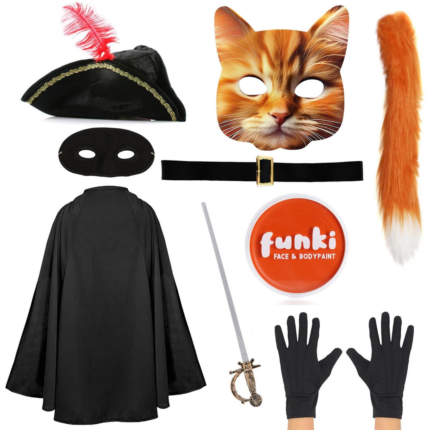 Childs Deluxe Cat Bandit Costume | 9 Pcs | Cape, Hat, Black Mask, Cat Mask, Belt, Gloves, Sword, Thin Tail & Orange Face Paint