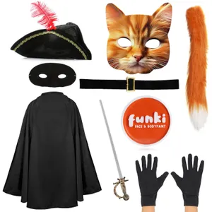 Childs Deluxe Cat Bandit Costume | 9 Pcs | Cape, Hat, Black Mask, Cat Mask, Belt, Gloves, Sword, Thin Tail & Orange Face Paint