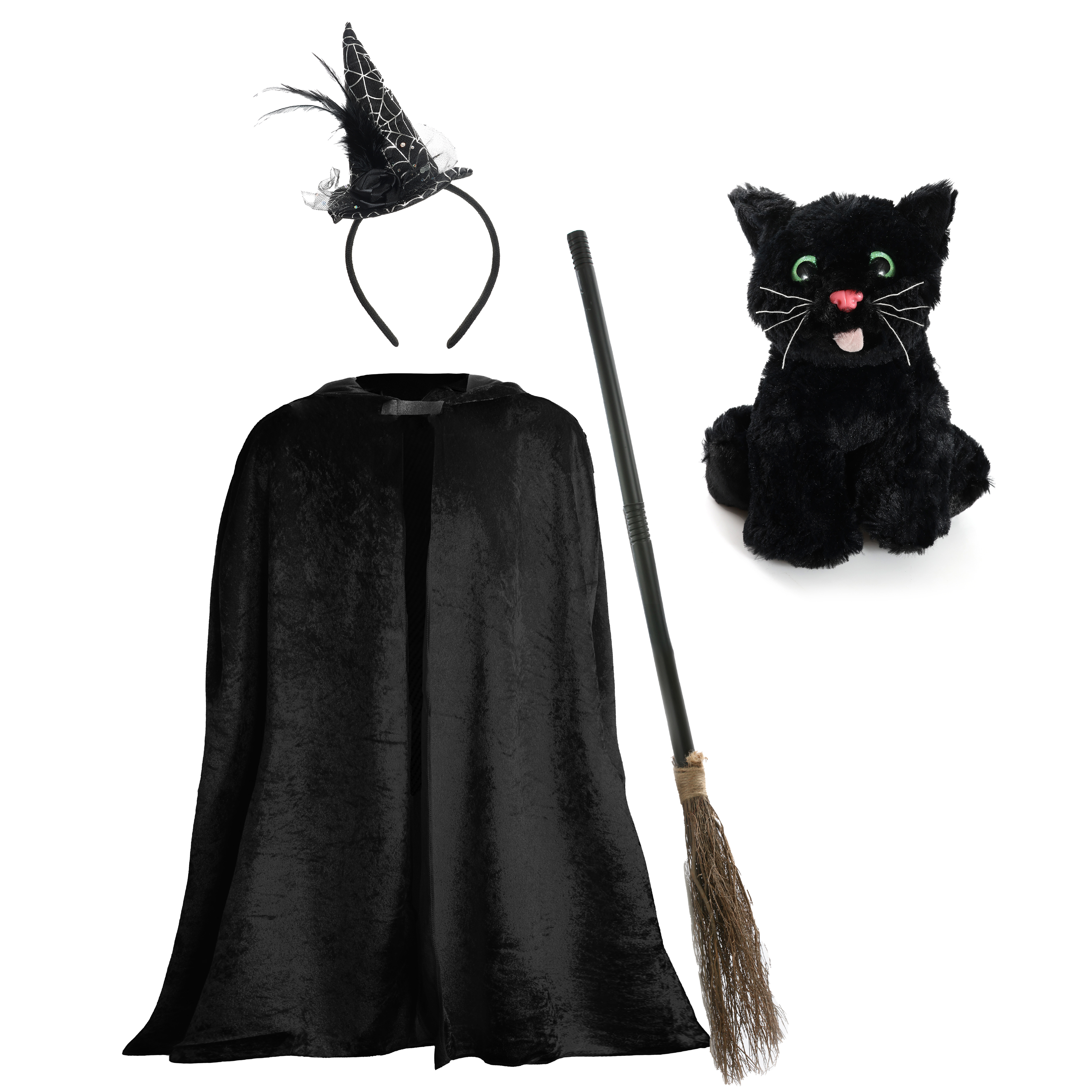Girls Witch Costume Set with Broom & Cat