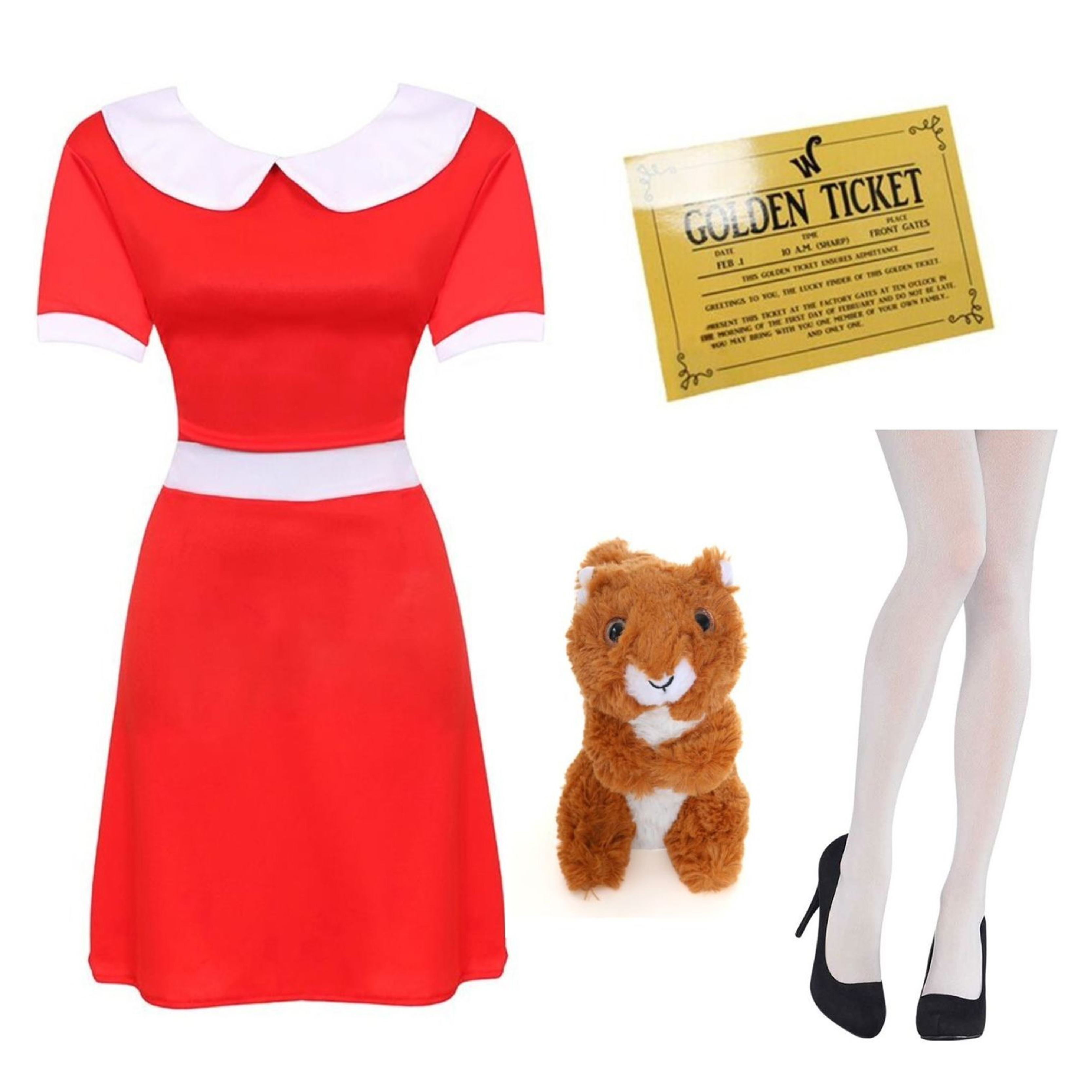 Ladies Spoilt Golden Ticket Winner Costume - Dress, Squirrel, Ticket & Tights