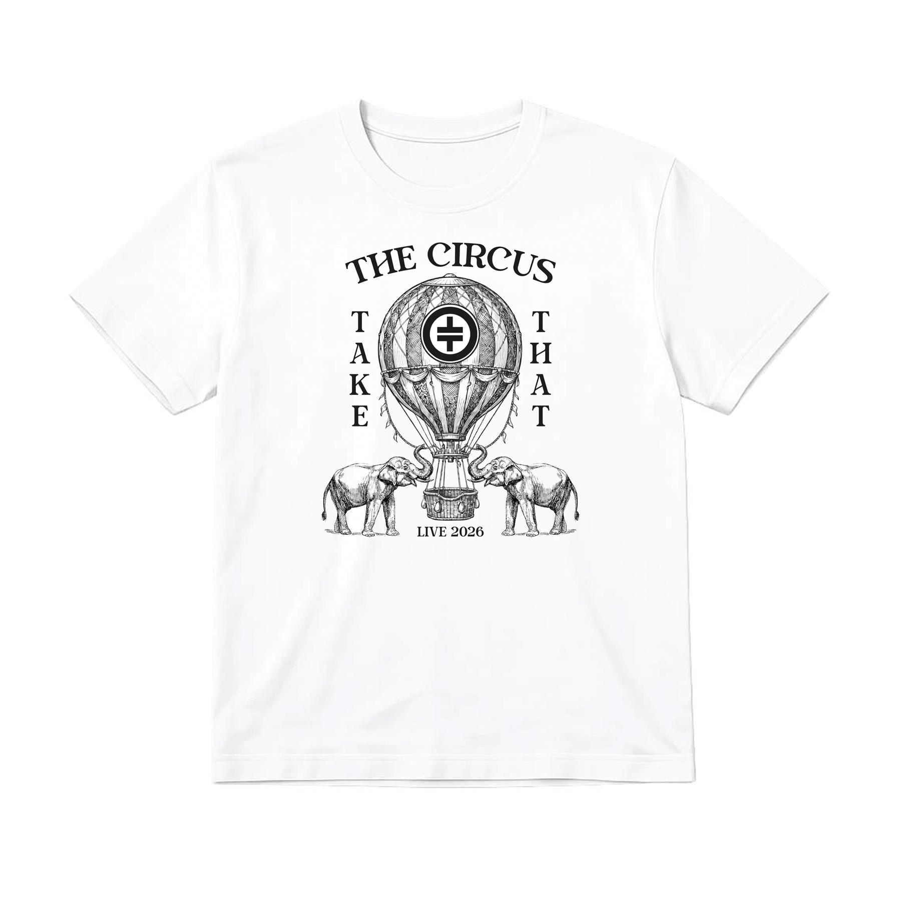 Adults Circus Tour T-Shirt | Unisex White Fan Tee with Elephant Print