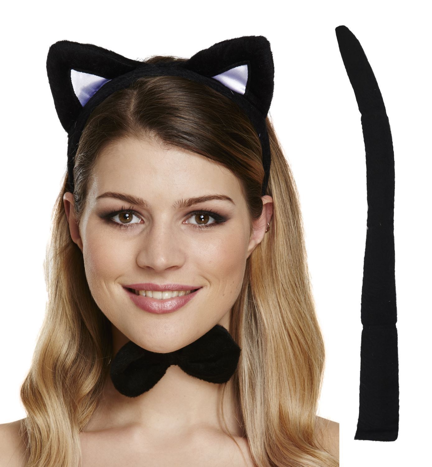 Black Cat Costume Set – Cat Ears Headband, Bow Tie & Tail – Perfect for Halloween, Fancy Dress & Themed Parties