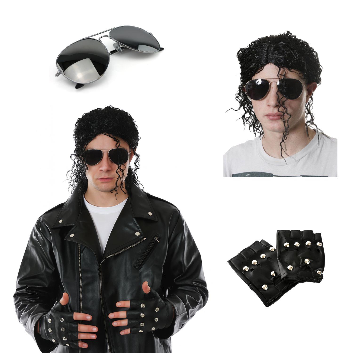 Adults King of Pop Costume | 4 Pcs | Leather Jacket, Wig, Gloves & Glasses