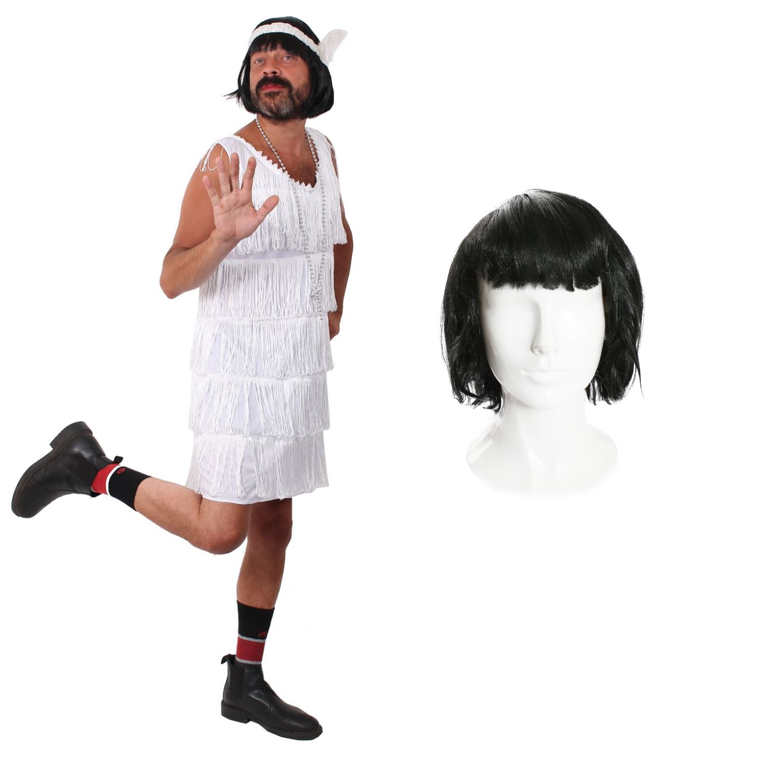 Men's White Flapper Stag Do Costume with Wig