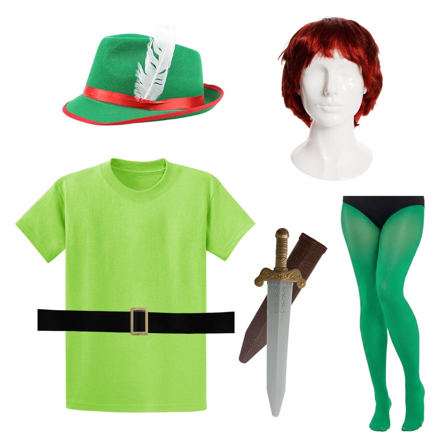 Adults Mischievous Boy Costume | 6 Pcs | T-Shirt, Hat, Wig, Tights, Belt & Sword in Scabbard