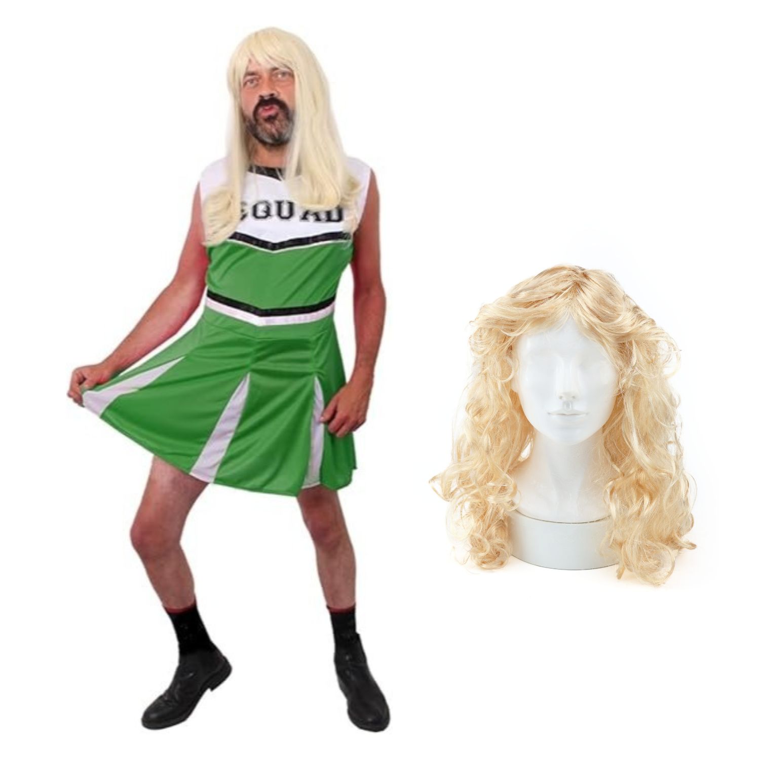 Mens Green Cheerleader Stag Do Costume with Wig