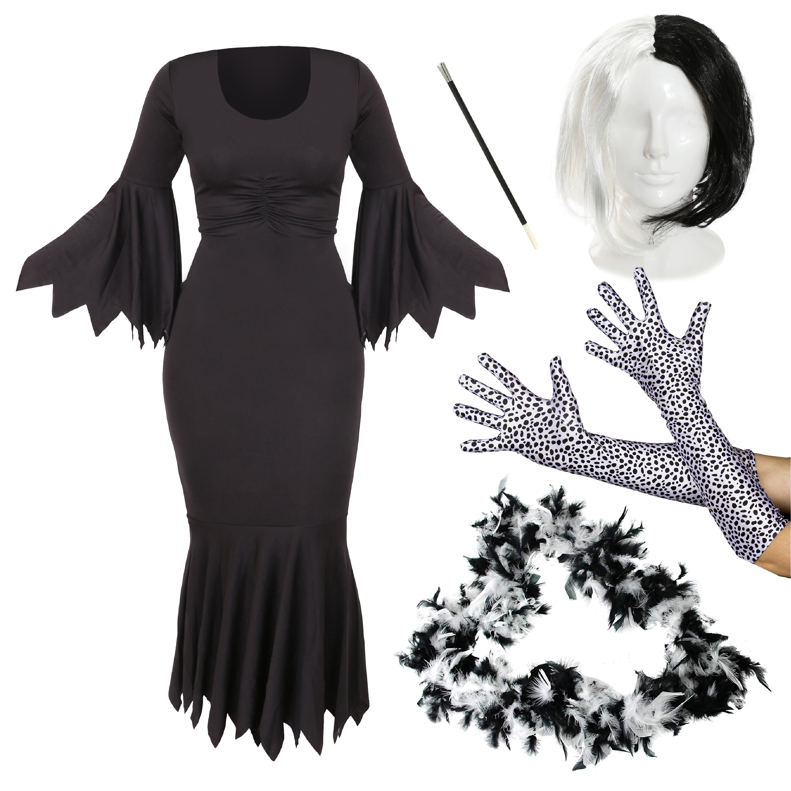 Adults Evil Dog Lady Costume - Bob Wig, Dalmatian Gloves, Feather Boa & Cig Holder