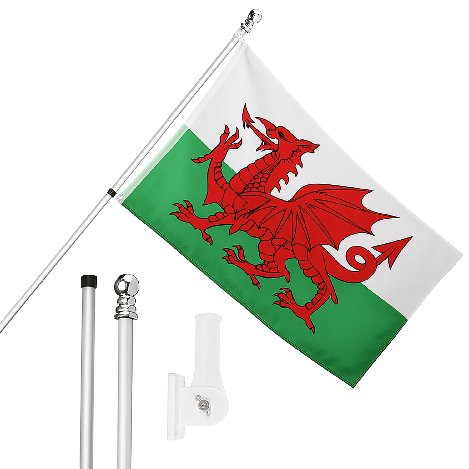 Large 5ft X 3ft Wales Flag with 6ft Pole & Wall Bracket